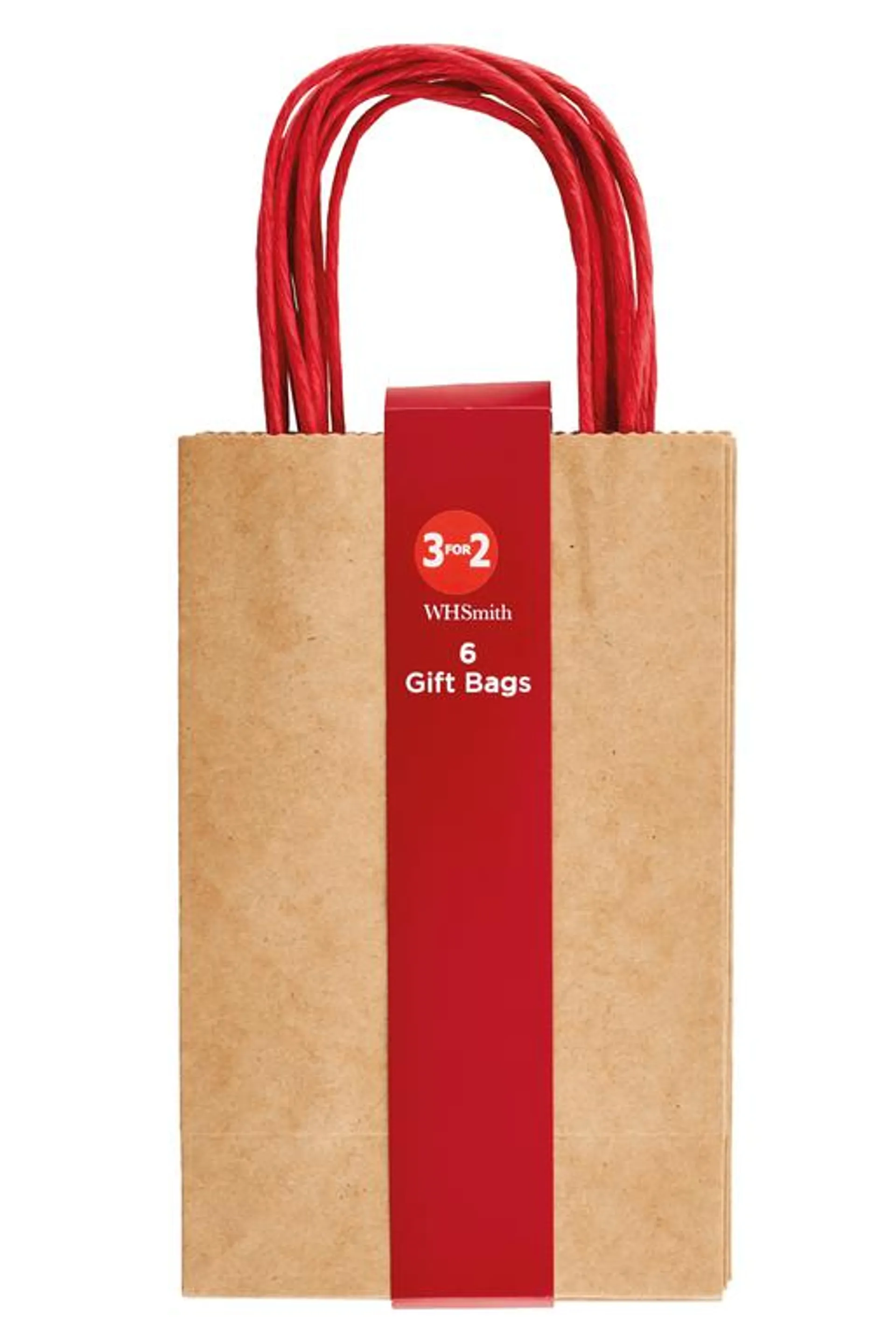WHSmith Kraft & Red Gift Small Bags Pack of 6