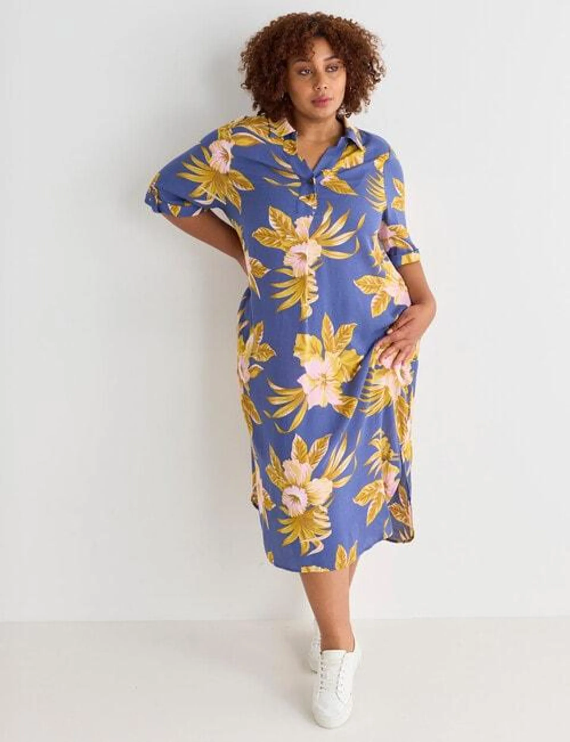 Studio Curve Tropical Floral Oversized Shirt Dress, Mustard & Navy