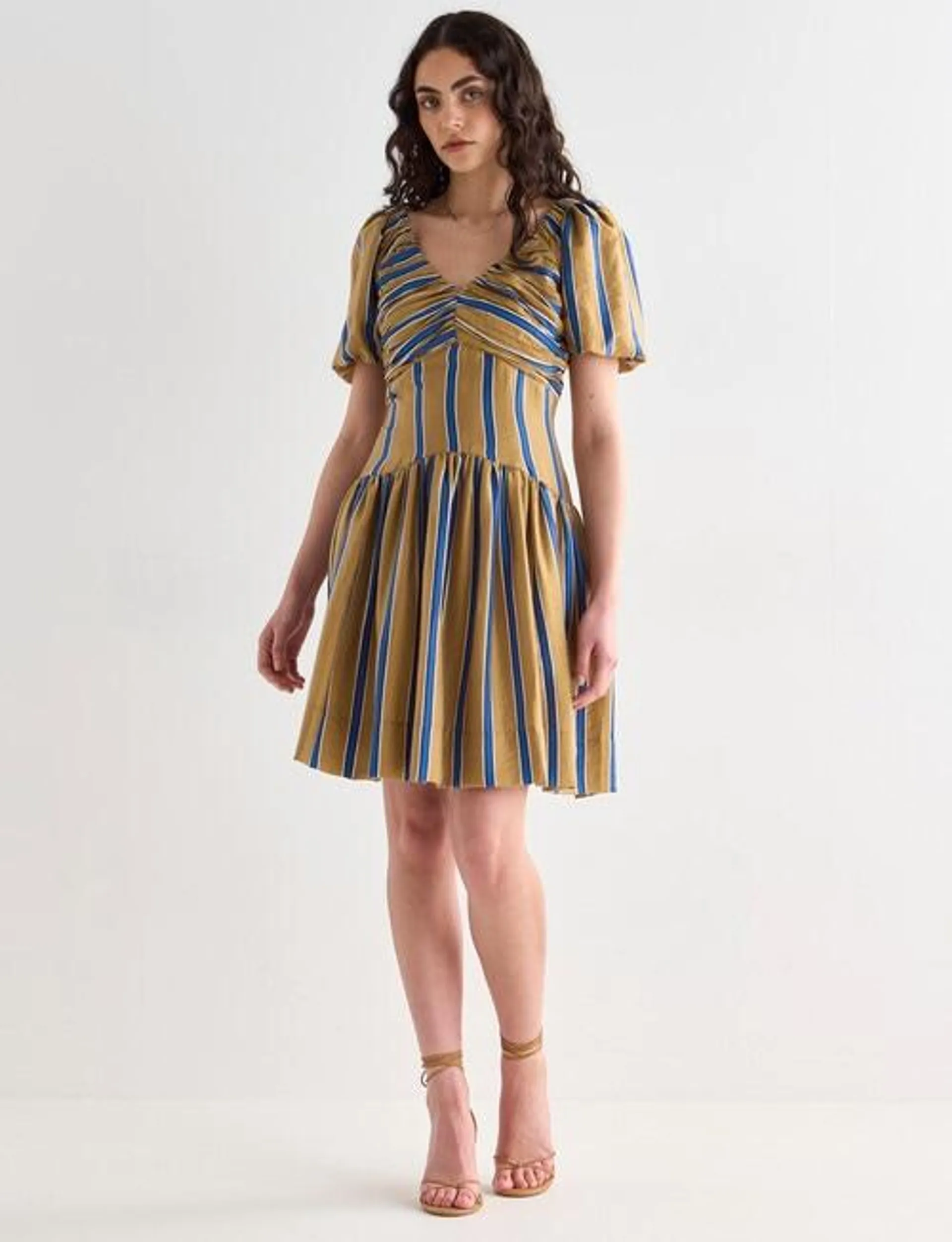 State of play Skipper Puff Sleeve Dress, Blue Stripes