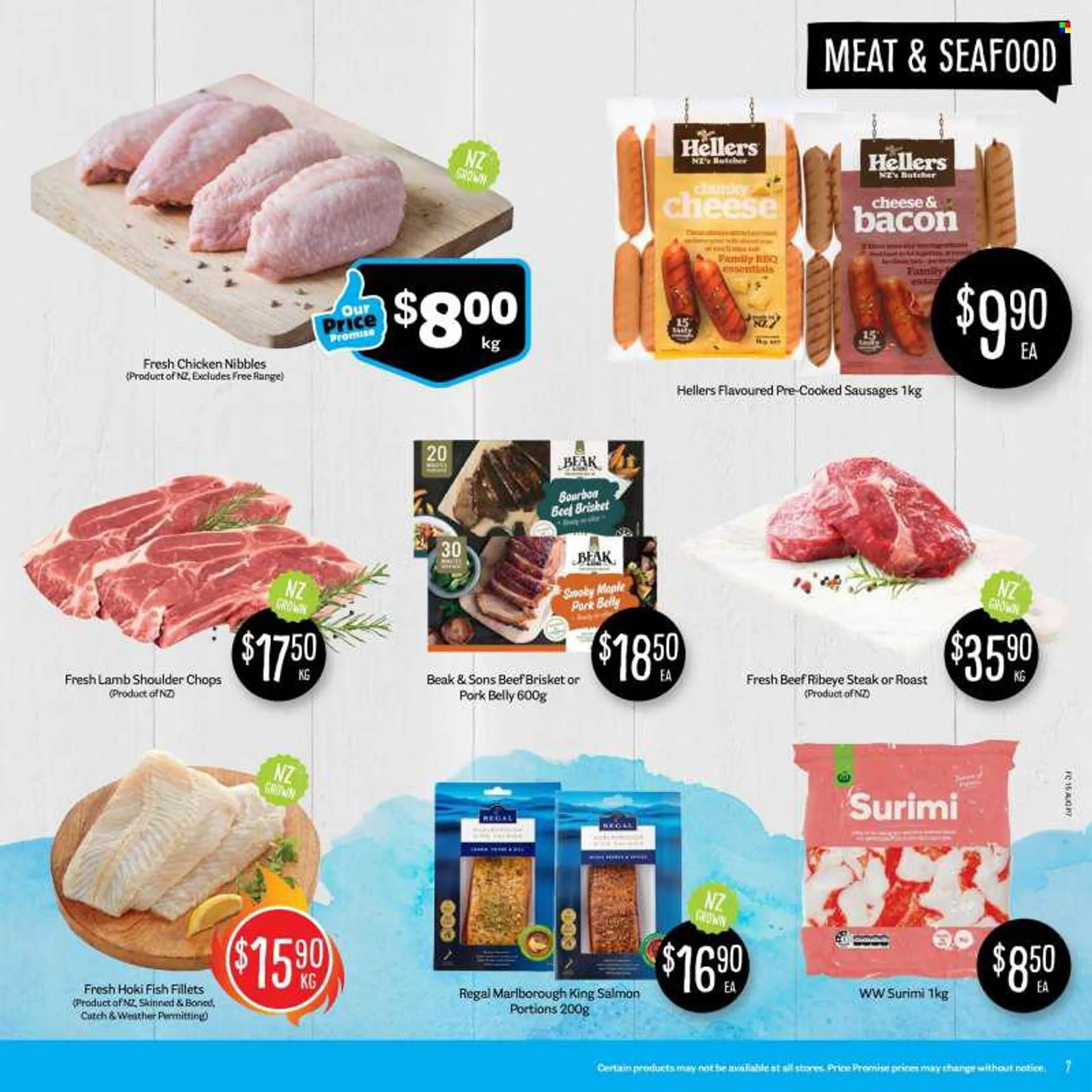 Fresh Choice mailer - 15.08.2022 - 21.08.2022 - Sales products - fish fillets, salmon, seafood, fish, hoki fish, bacon, sausage, dill, beef meat, beef steak, steak, rib eye, ribeye steak, beef brisket, pork belly, pork meat, lamb meat, lamb shoulder, esse