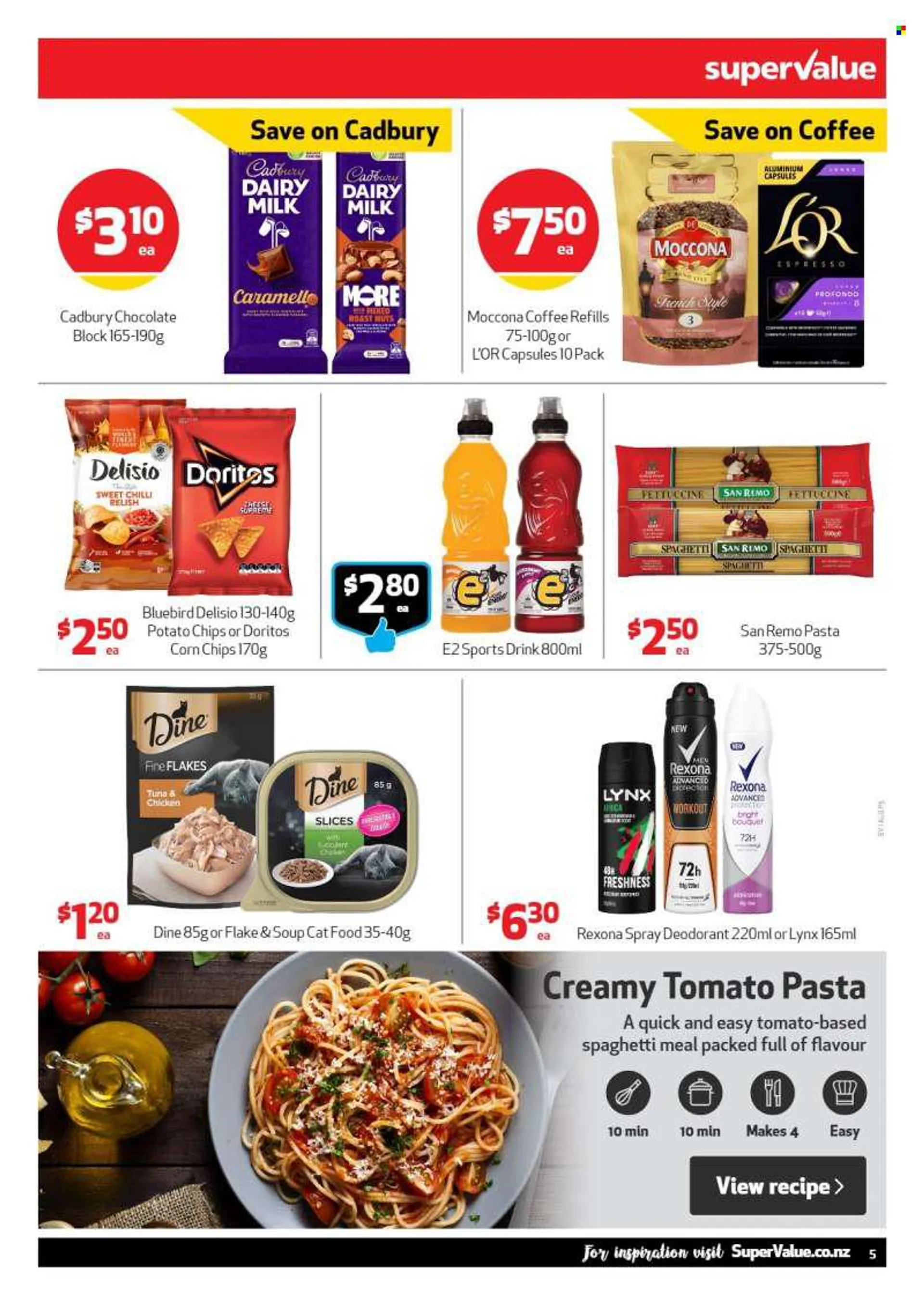 SuperValue mailer - 01.08.2022 - 07.08.2022 - Sales products - spaghetti, soup, pasta, chocolate, Cadbury, Dairy Milk, Doritos, potato chips, chips, corn chips, Bluebird, Delisio, caramel, nuts, Nespresso, Moccona, LOr, animal food, cat food. Page 5.
