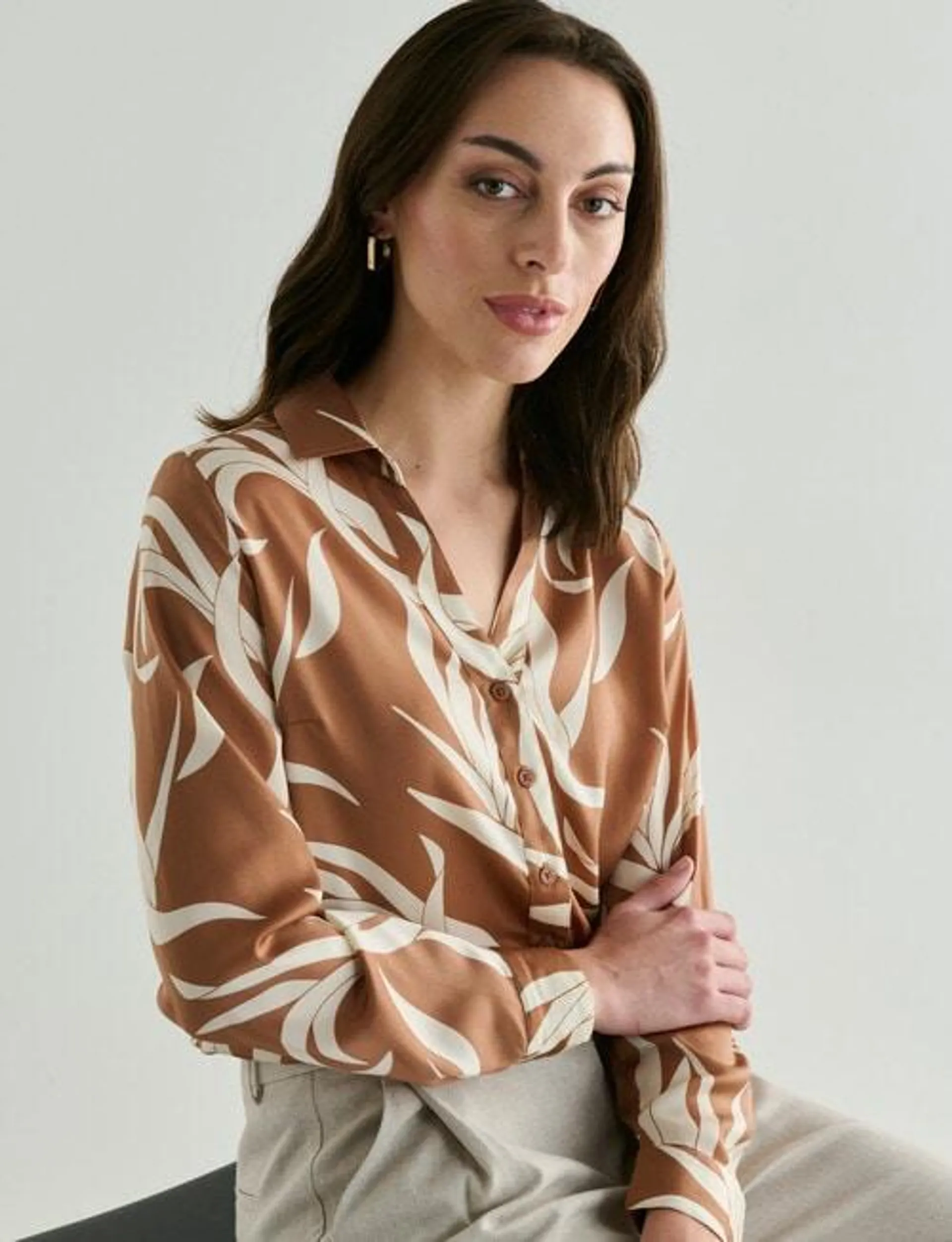 Oliver Black Printed Long Sleeve V Neck Dress Shirt, Tan