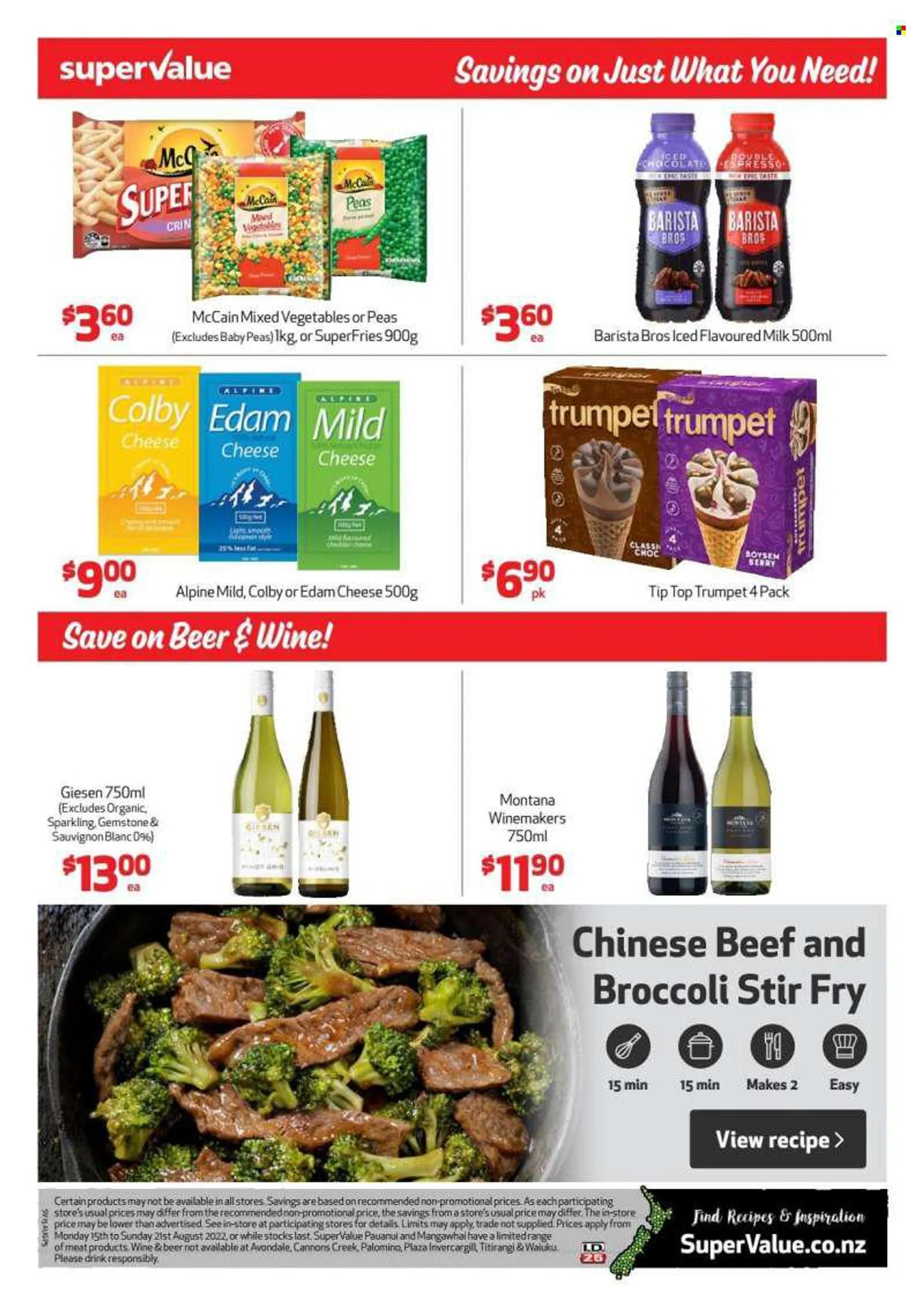 SuperValue mailer - 15.08.2022 - 21.08.2022 - Sales products - Tip Top, colby cheese, edam cheese, cheddar, cheese, mild cheese, milk, flavoured milk, mixed vegetables, McCain, potato fries, chocolate, wine, Pinot Grigio, Sauvignon Blanc, beer. Page 5.