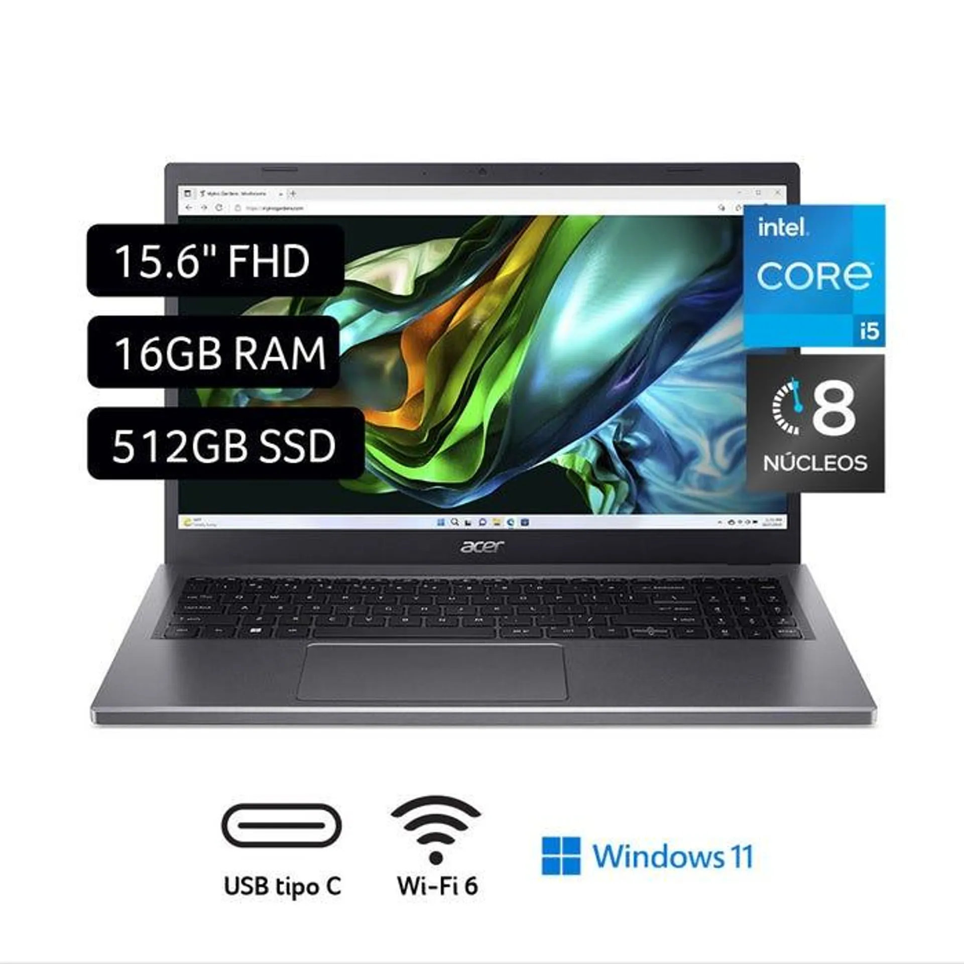 Laptop Acer Aspire 5 15,6" Windows 11 Intel Core I5 13a Gen 8 Núcleos 16GB 512GB SSD