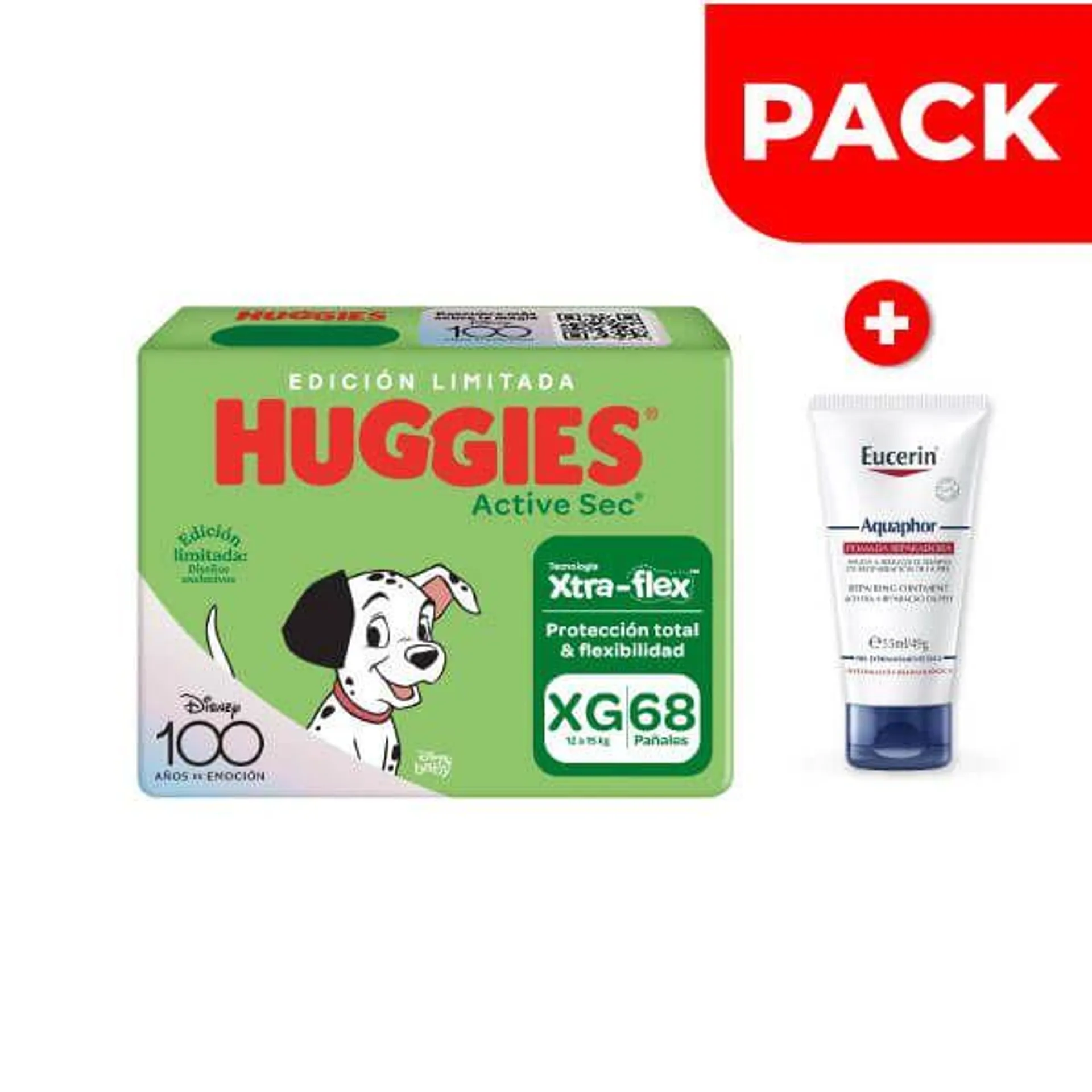 PackHuggies Active Sec Xtra-Flex Talla XG 68 UN + Eucerin Aquaphor Ungüento Tubo 49 G