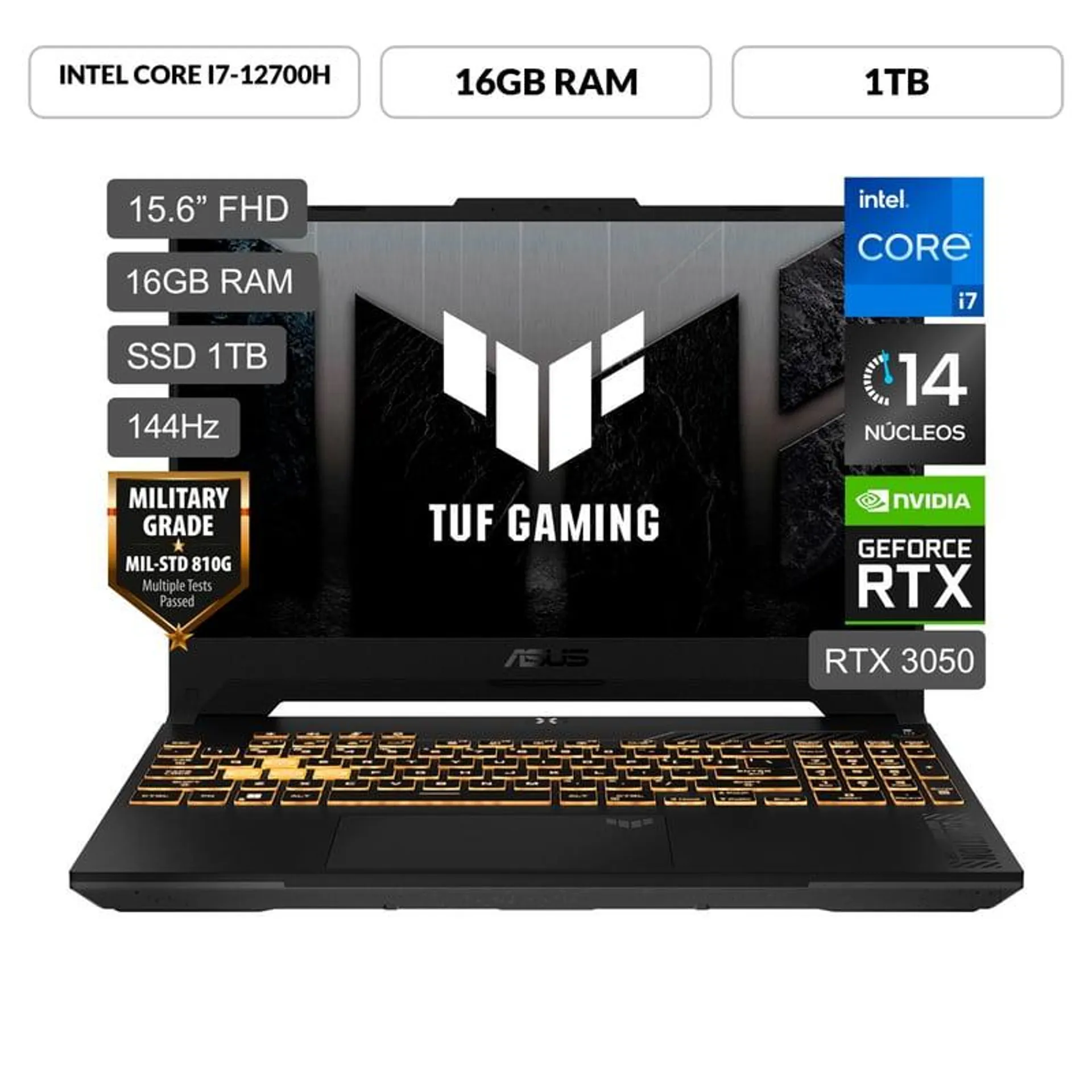 Gamer Asus Intel Core i7 de 14 núcleos RTX3050 16GB 1TB SSD TUF Gaming F15 12° Gen 15.6" FHD