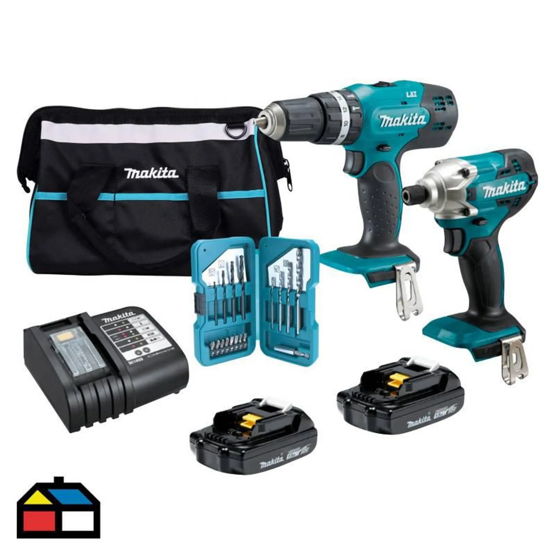 Taladro Inalámbrico 1/2" + Atornillador Inalámbrico DLX2336SYX + 2 Baterías1.5Ah + Cargador + Set de Accesorios 17 Piezas D-40200 + Maletín Makita