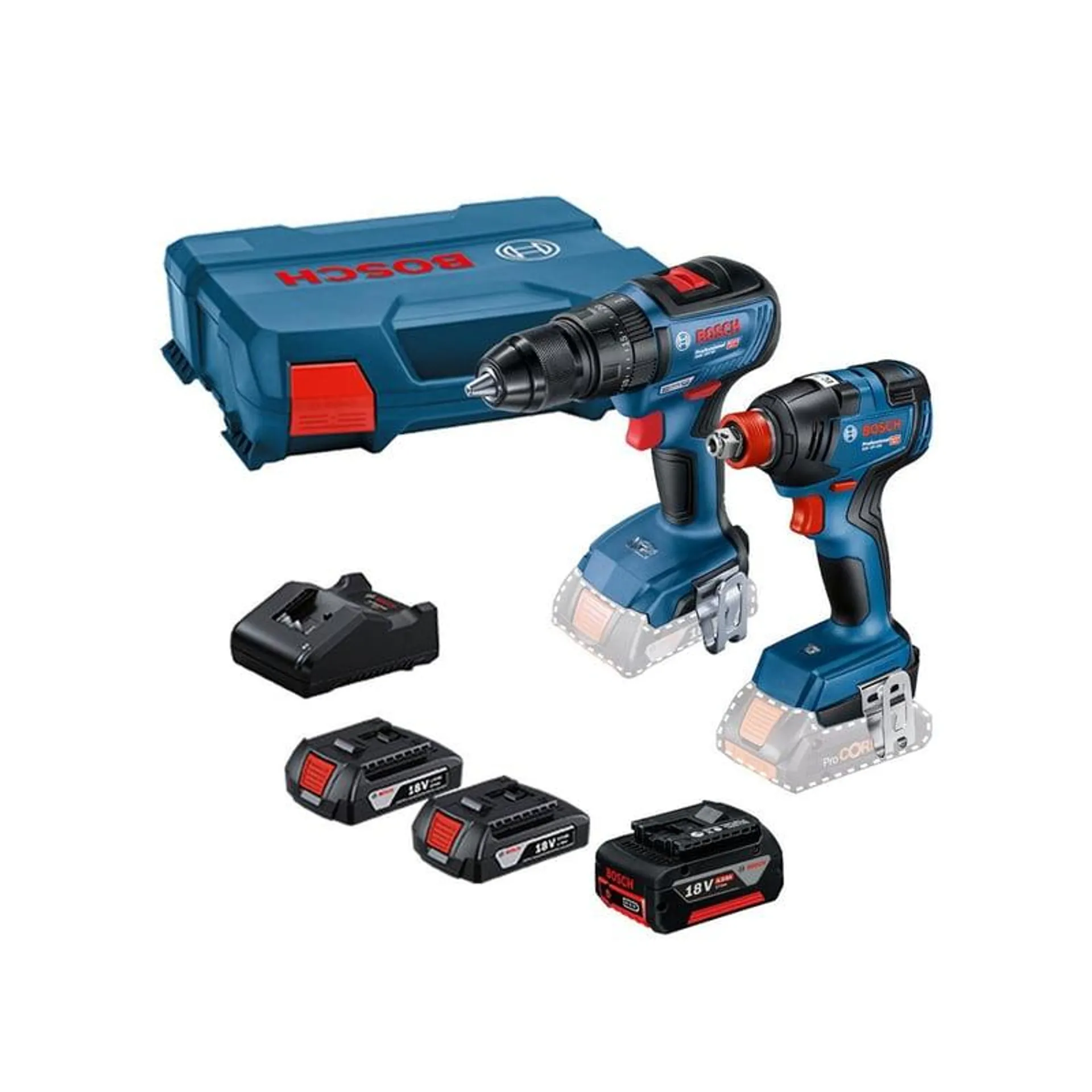 Taladro percutor GSB 18V-50 + 1 llave de impacto GDX 18V-200, 2 baterías GBA 18V 2,0 Ah + 1 cargador GAL 18V-20 + 1 maletín plástico