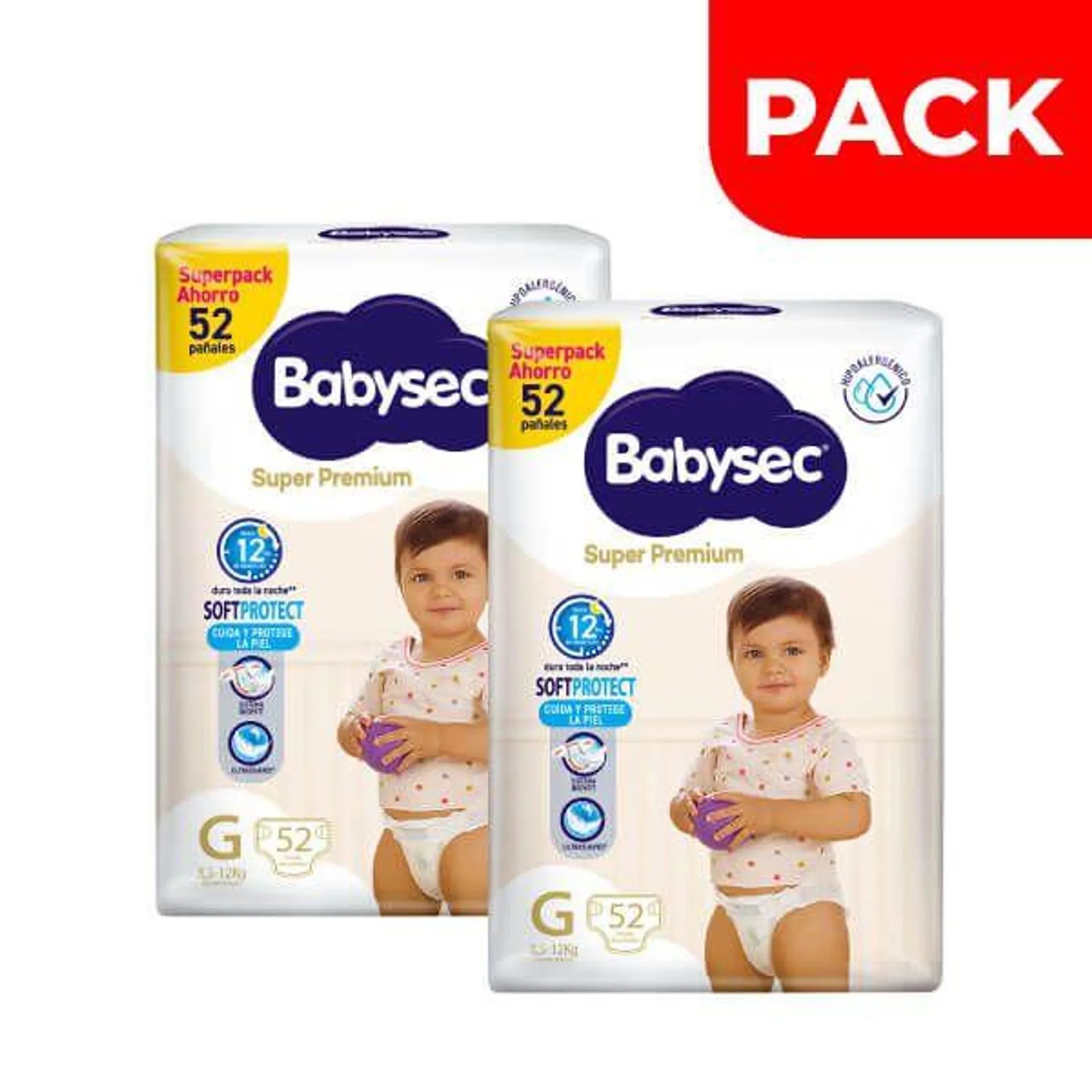 Dúo Pack Pañal Babysec Super Premium Talla G - Bolsa 52 UN