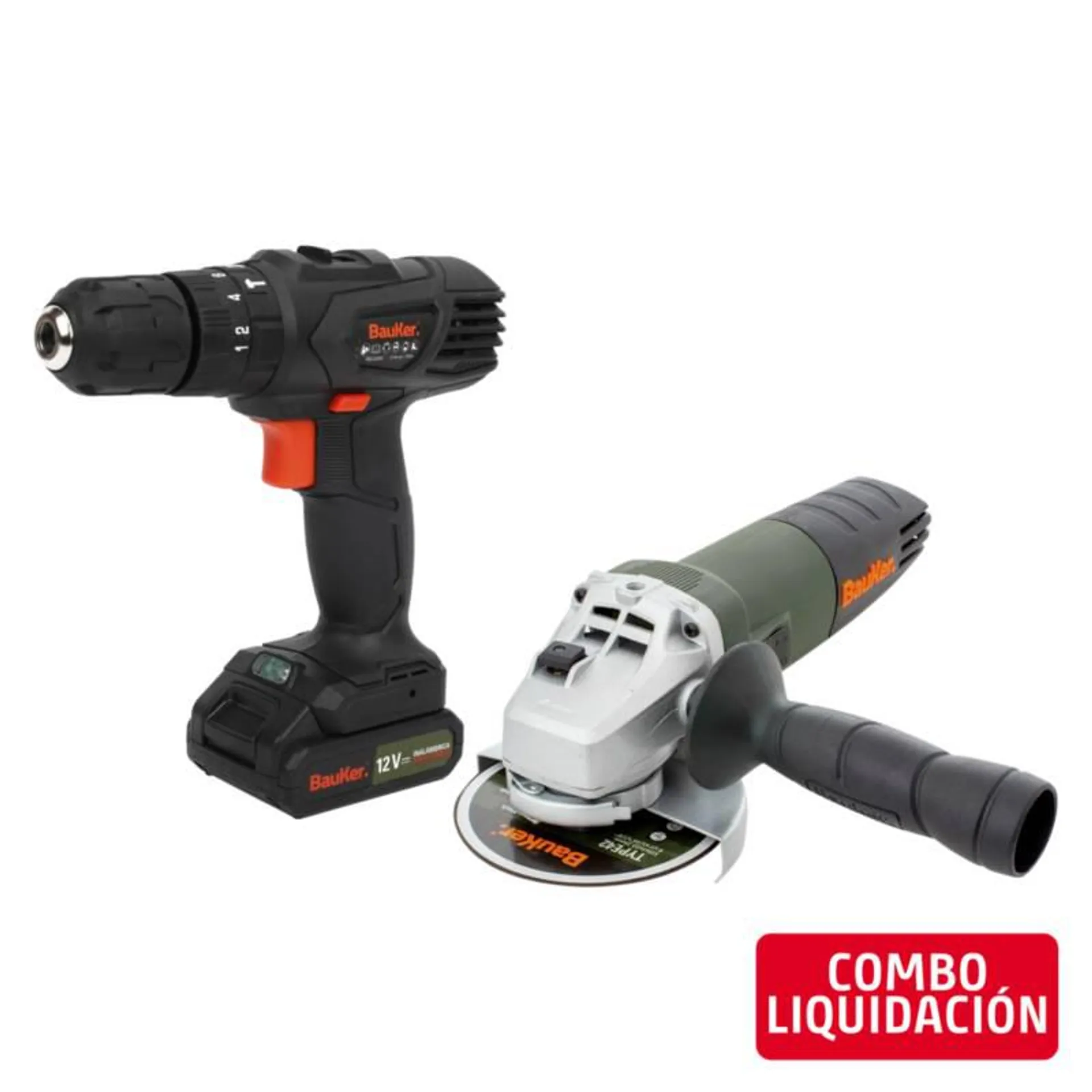 Combo Taladro Percutor Inalámbrico 10mm 12V + Batería 1,3Ah + Cargador Bauker + Amoladora Angular Eléctrica AG820E 4-1/2" 820W + 1 Disco Bauker