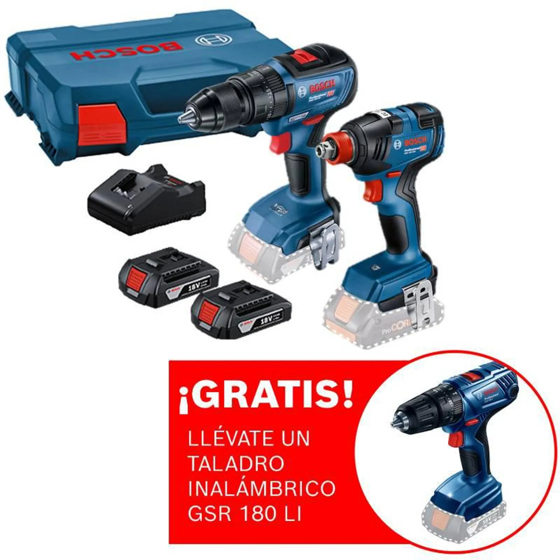 Taladro Atornillador percutor Bosch GSB 18V-50 + Llave de impacto inalámbrica ¼ y ½" Bosch GDX 18V-200 + 2 baterías + maletín plástico + Regalo : Taladro Atornillador Inalámbrico 18V Bosch GSR 180-LI