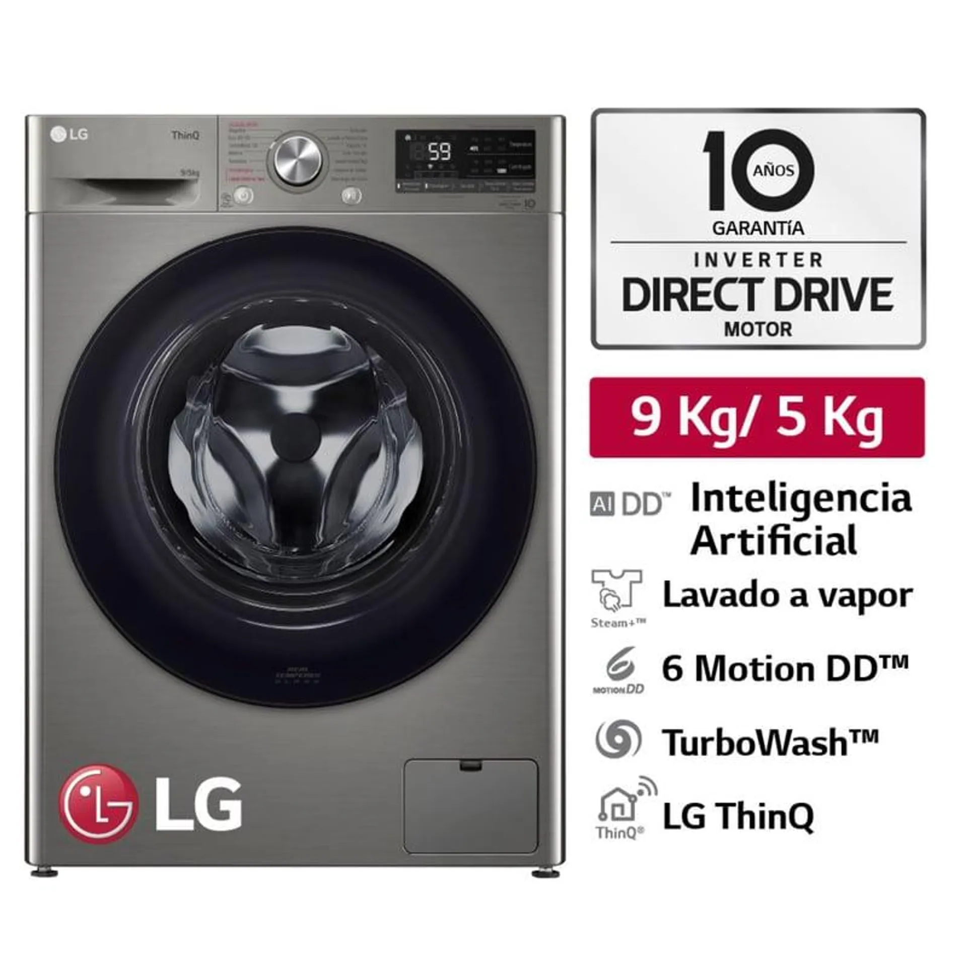 Lavaseca WD9PVC4S6 9/5Kg AI DD Carga Frontal Plateada LG