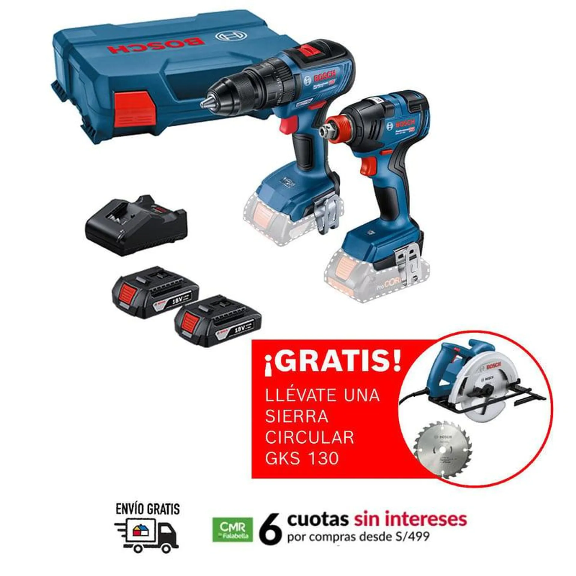 1 Taladro Percutor GSB 18V-50 + 1 Llave de Impacto GDX 18V-200 + Regalo: 1 Sierra Circular GKS 130 Bosch