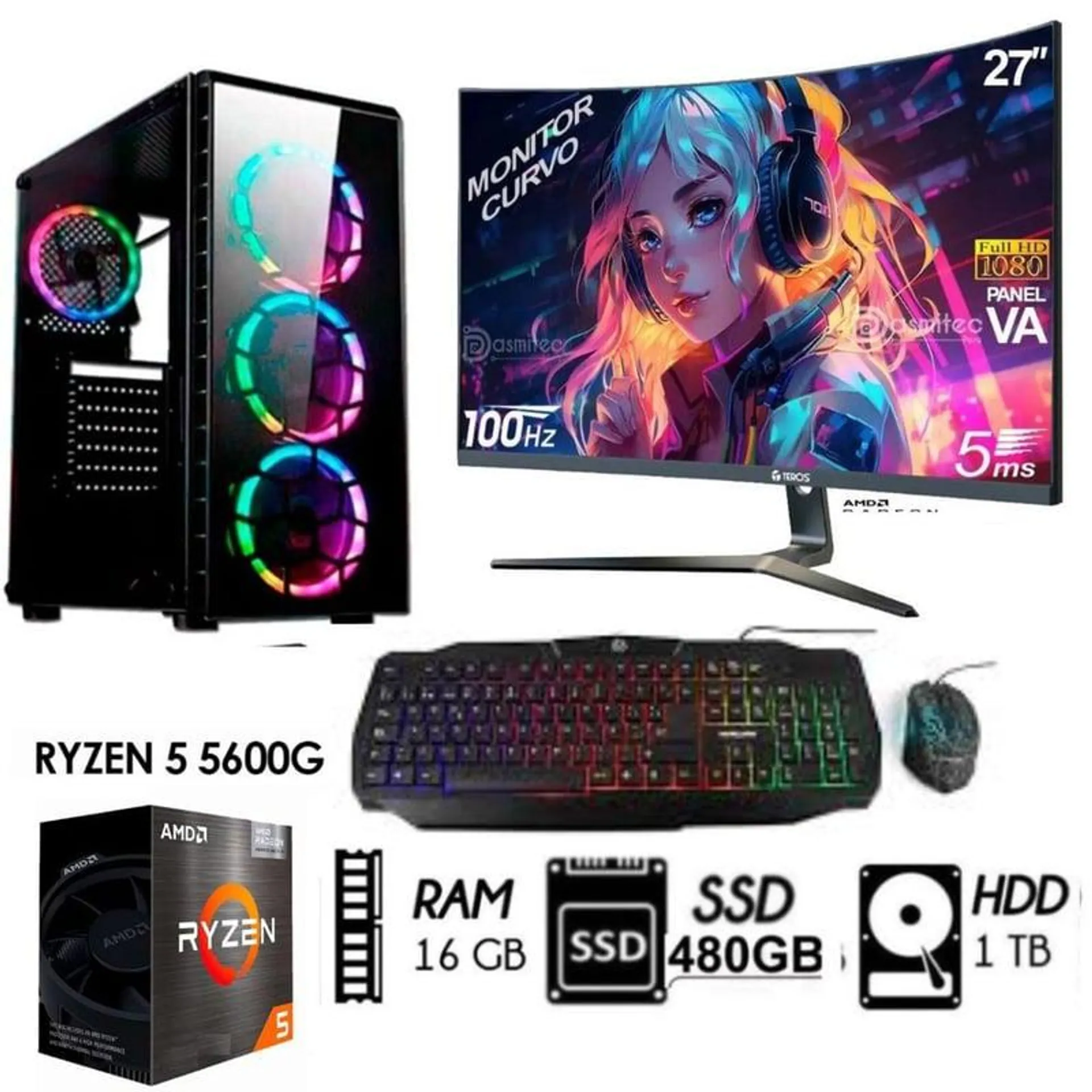 Computadora PC GAMER RYZEN 5 5600GT RAM 16GB DISCO 1TB+SSD 480GB MONITOR 27 FHD