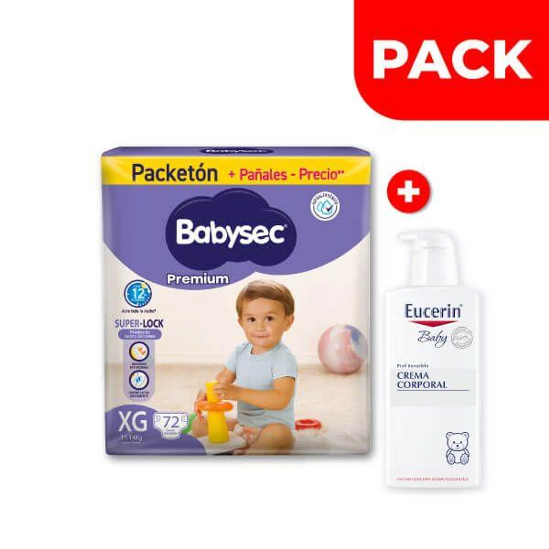 Pack Babysec Premium Súper Mega Talla XG 72 UN + Eucerin Baby Crema Corporal 400 ML