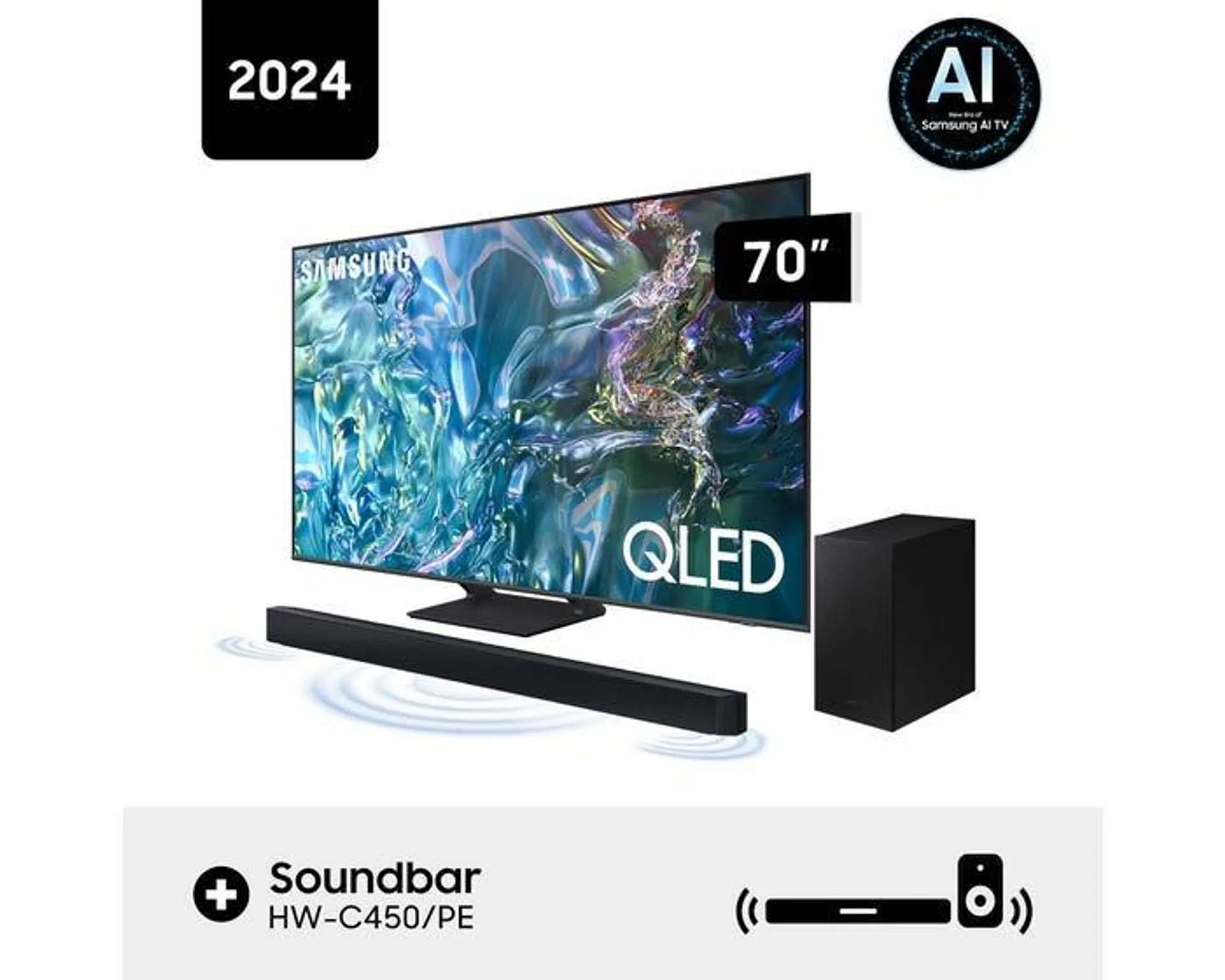 Televisor Samsung Smart TV 70" 4K QLED QN70Q65DAGXPE + Soundbar Samsung Bluetooth 2.1 CH HW-C450/PE