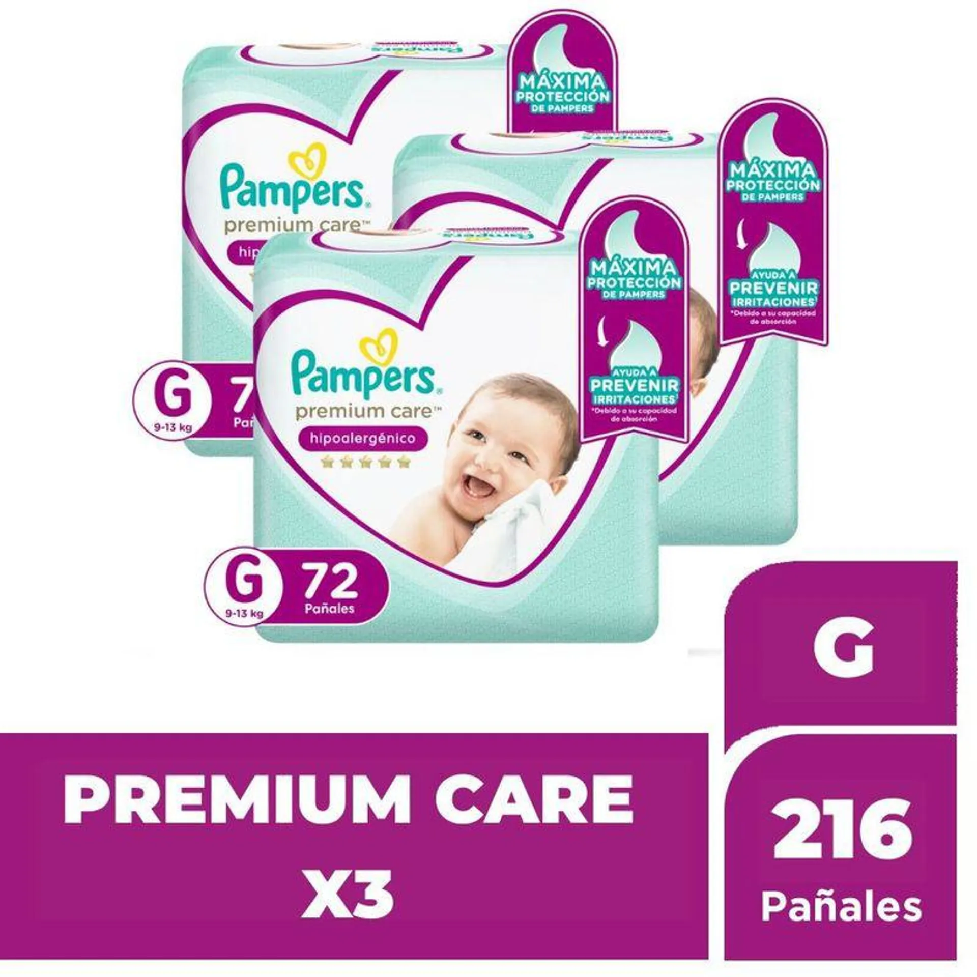 Tripack Pañales para Bebé Pampers Premium Care Talla G 72un
