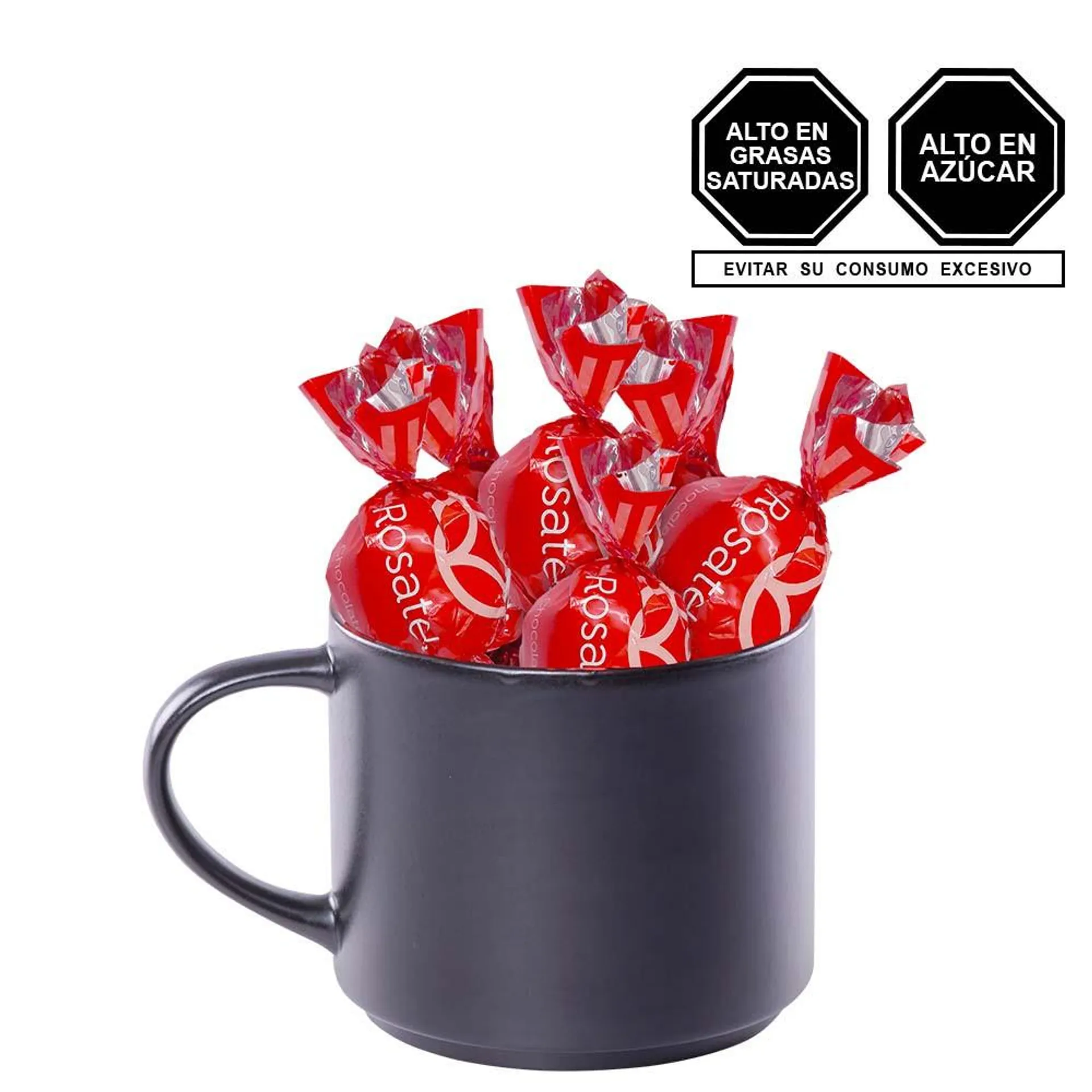 Taza Negra con Chocolates Cacaosuyo