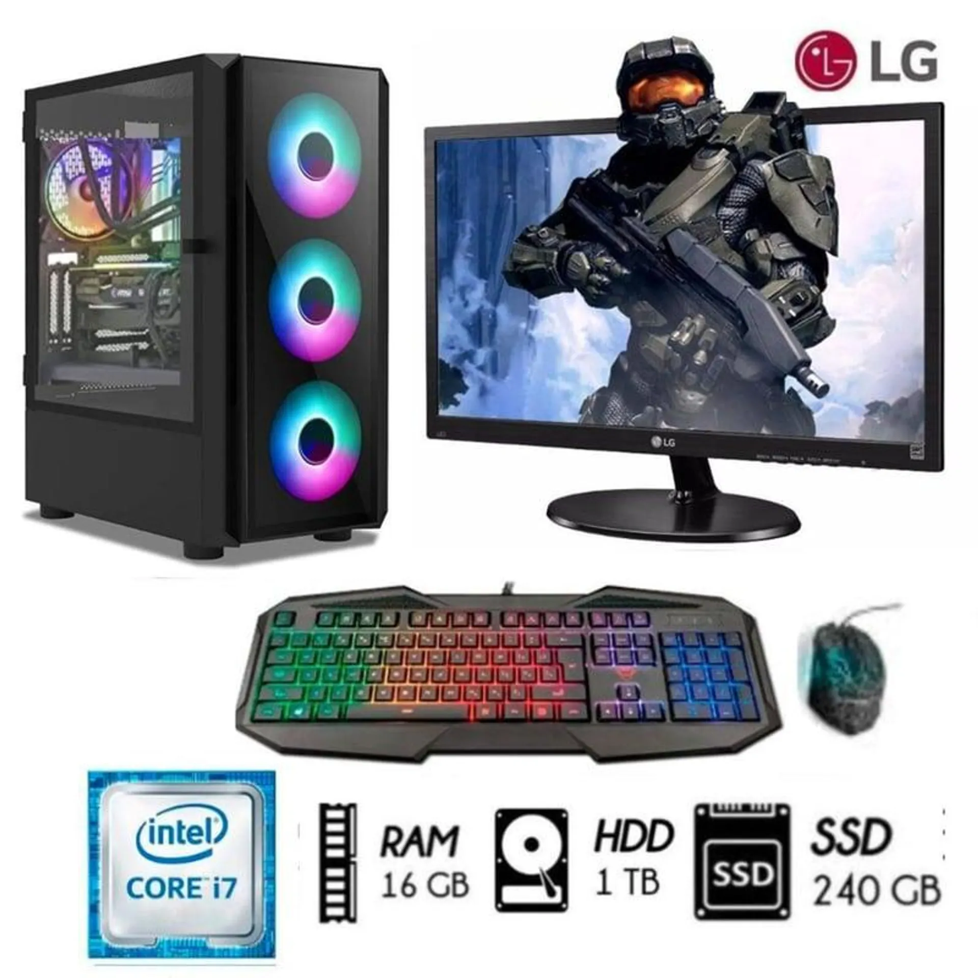 Computadora Pc i7 3.2Ghz Ram16GB Disco 1TB+SSD 240GB Case RGB Monitor 19LG