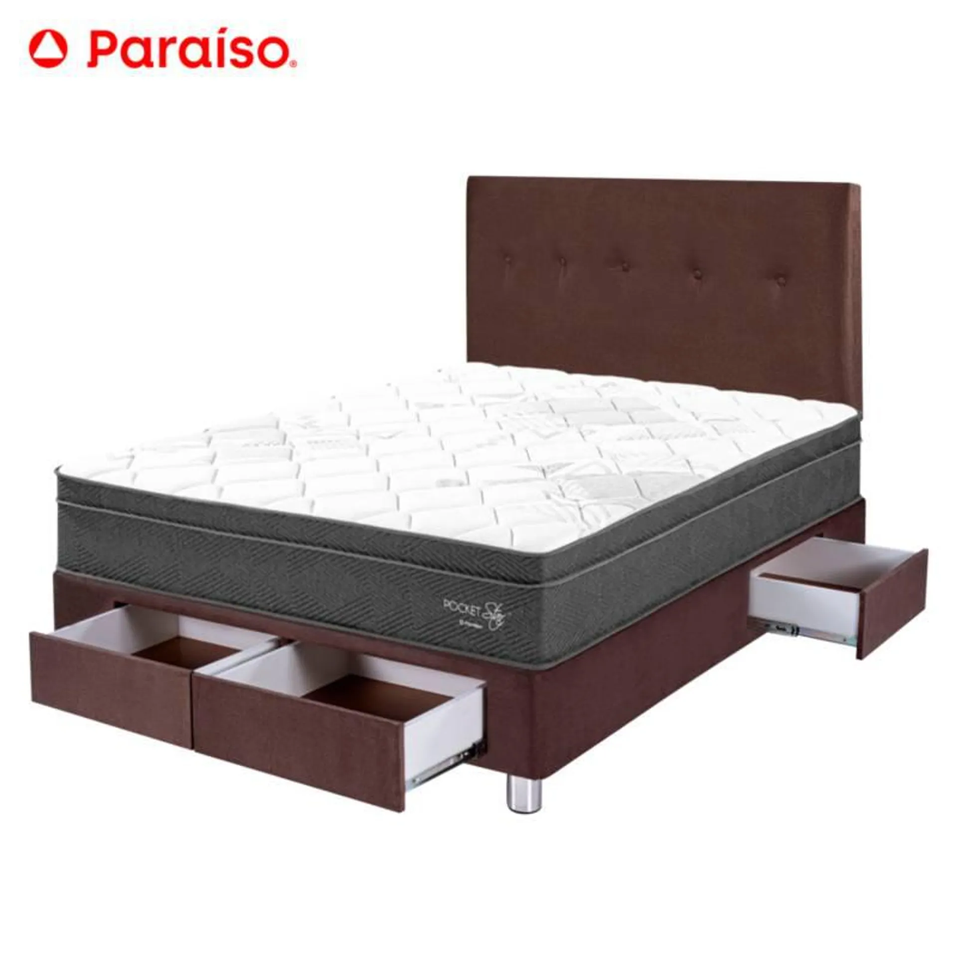 Dormitorio con Cajones Paraíso Pocket Star 2 Plazas Chocolate + Colchón + 2 Almohadas + Protector
