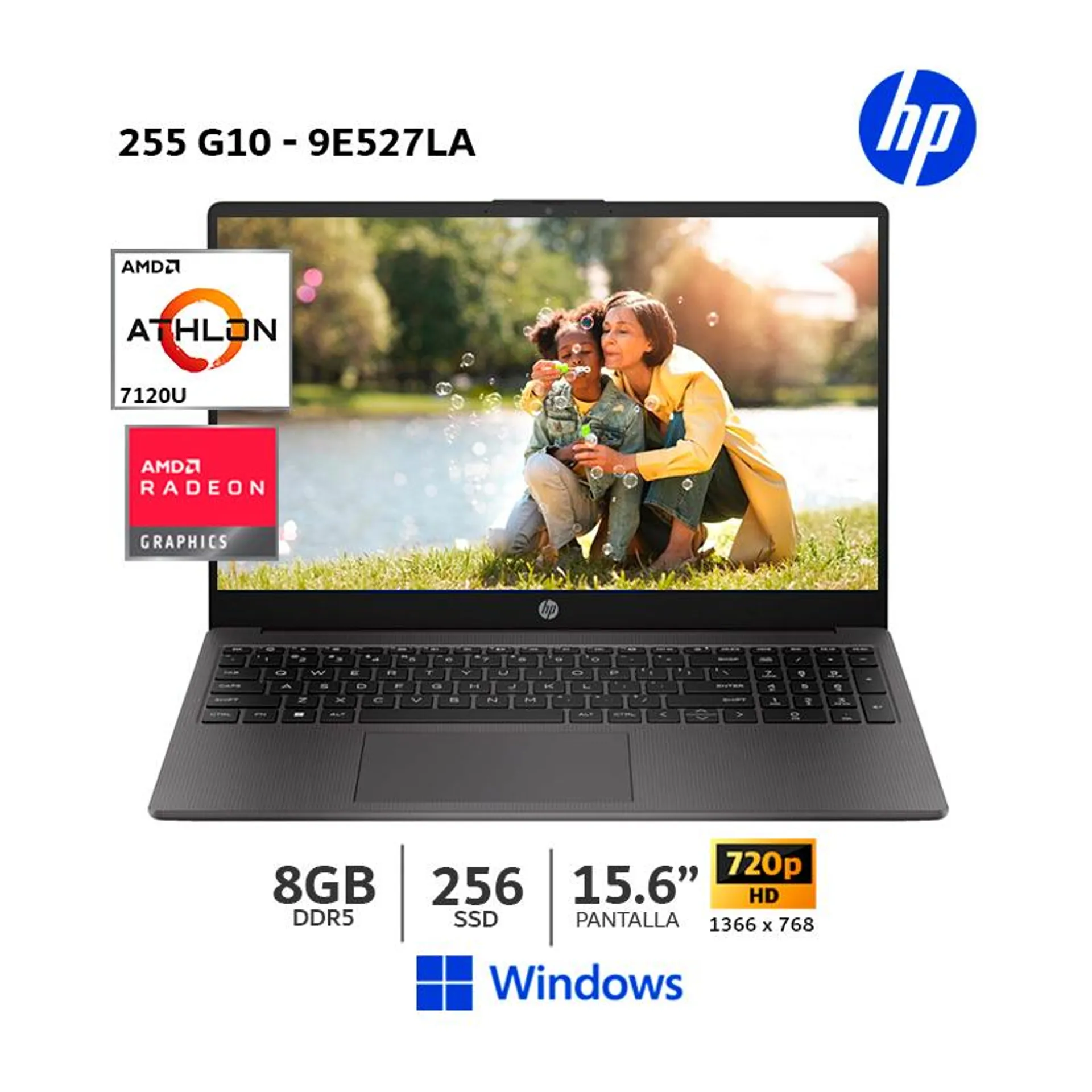 Laptop HP 255 G10 AMD Athlon Silver 7120U-15.6″ HD-8Gb Ram DDR5-256Gb SSD-Windows-9E527LA