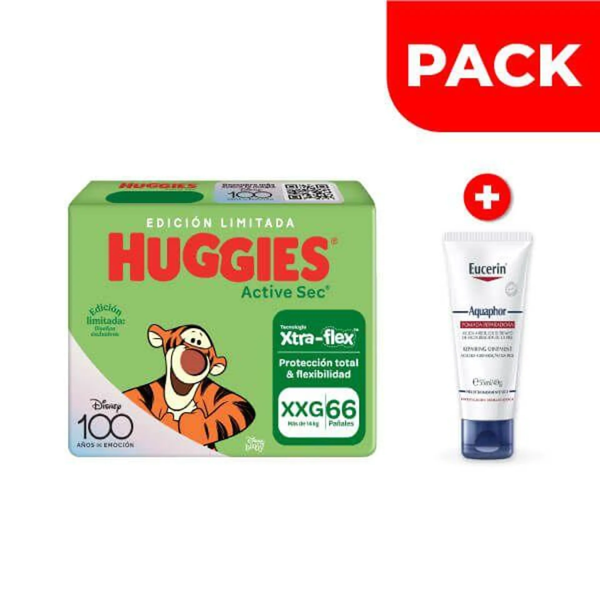 Pack Huggies Active Sec Xtra-Flex Talla XXG 66 UN - Eucerin Aquaphor Ungüento Tubo 49 G