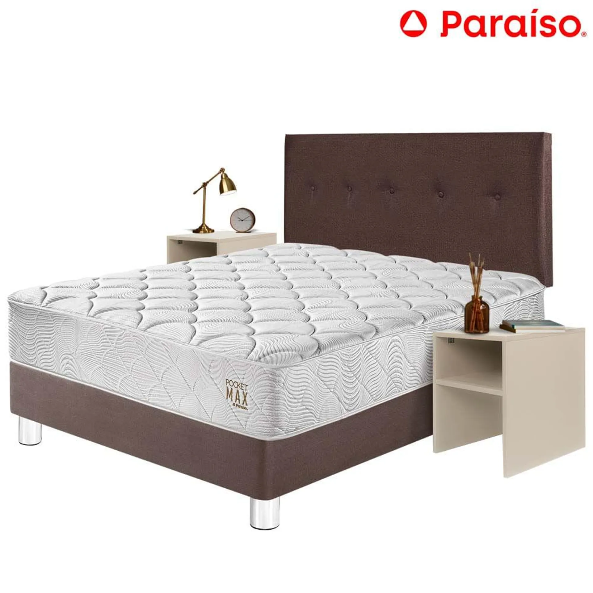 Dormitorio PARAISO Pocket Max 2 Plaza Chocolate + 2 Velador Repisa + 2 Almohadas + 1 Protector