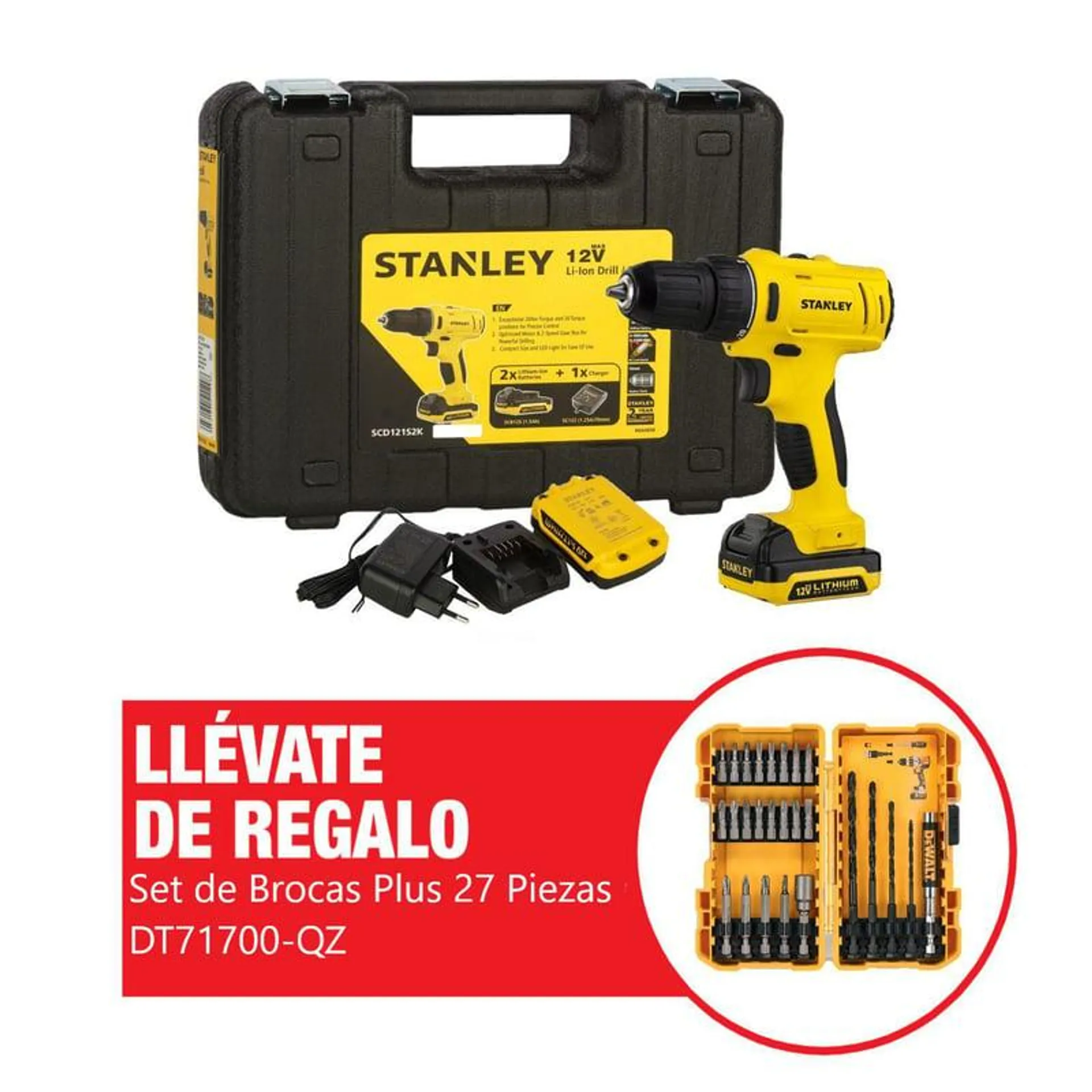 Taladro Atornillador Inalámbrico 3/8" 12V SCD12S2K Stanley + Regalo: Set Acc 27pz Dewalt