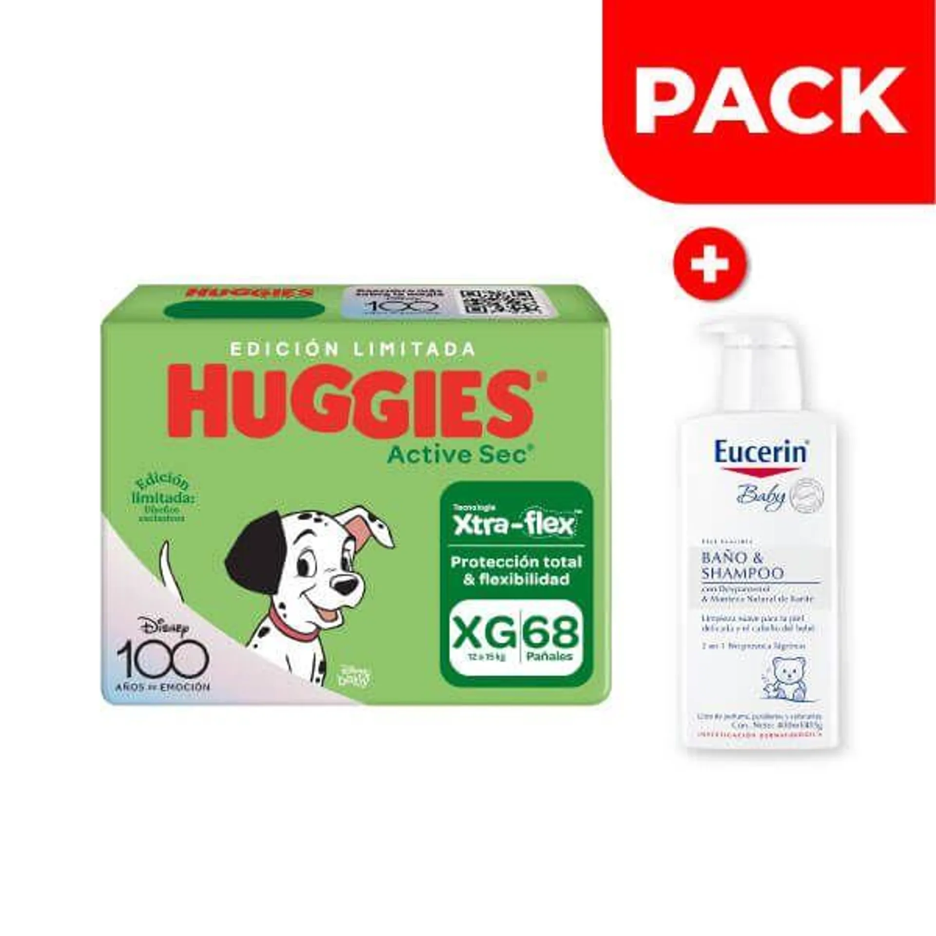 Pack Huggies Active Sec Xtra-Flex Talla XG 68 UN + Eucerin Baby Baño & Shampoo 400 ML