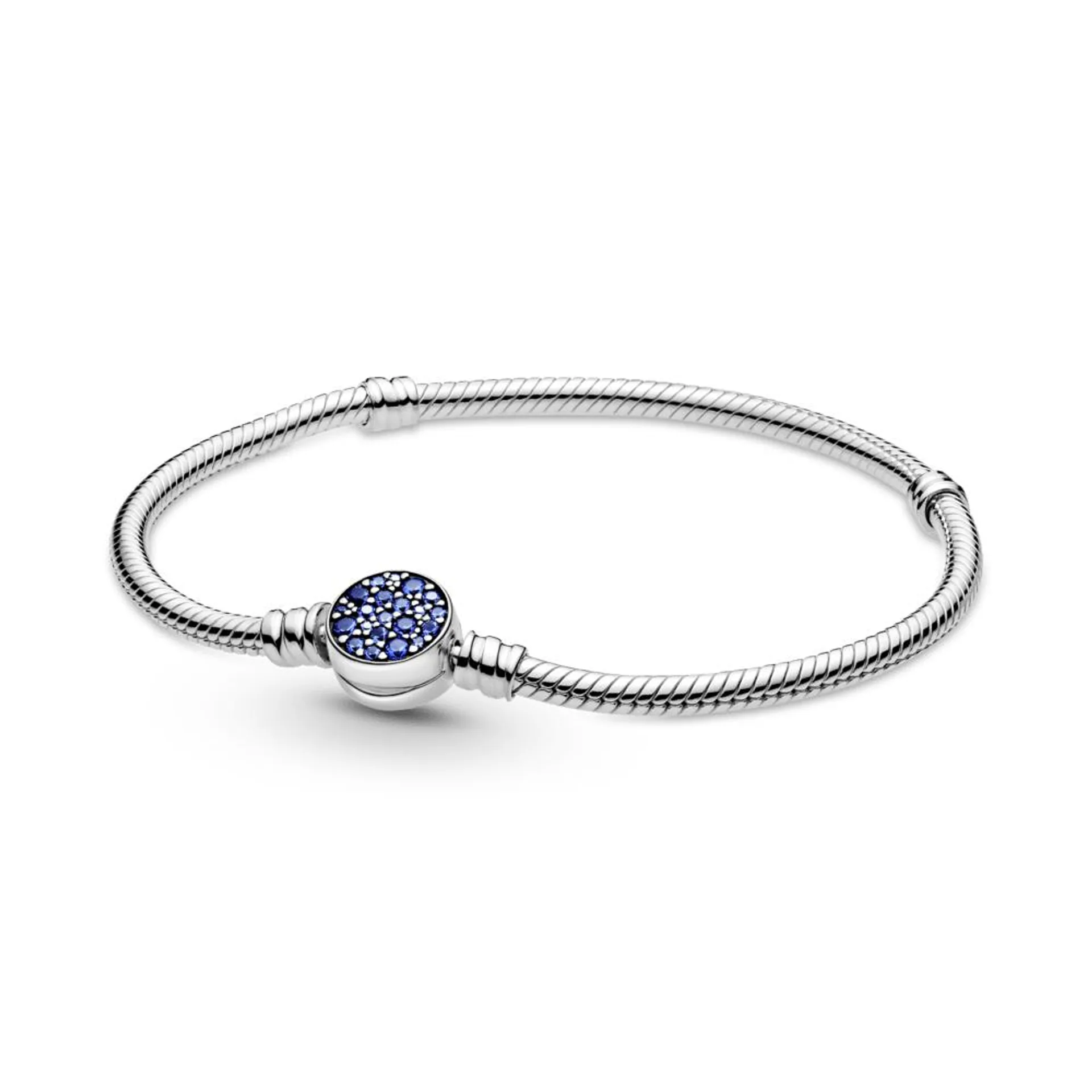 Brazalete cadena de serpiente Pandora Moments con broche de disco azul resplandeciente
