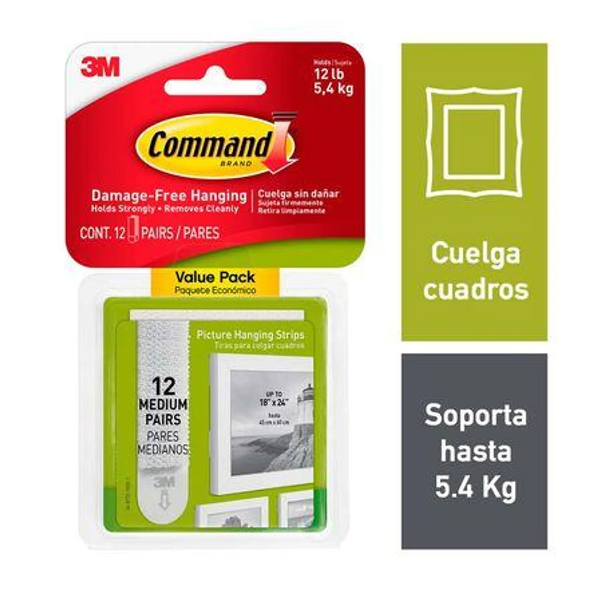 Tiras para Colgar Cuadros Promo-pack, Medianas, Blancas, 12 pares 3m