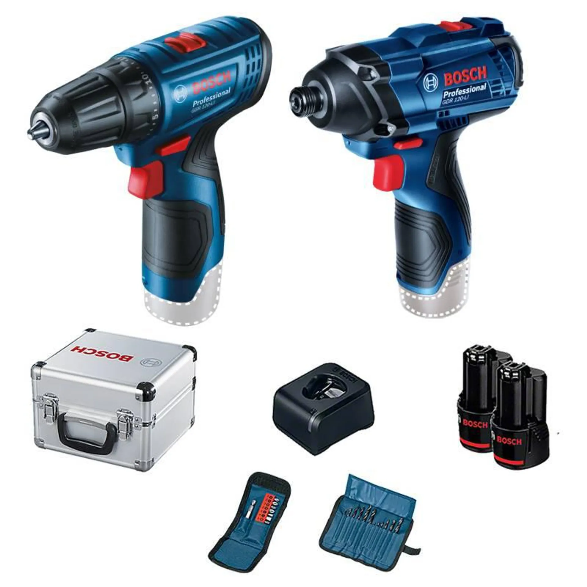 Taladro Atornillador Bosch GSR 120-LI + Llave Impacto Bosch GDR 120-LI + 23 Accesorios