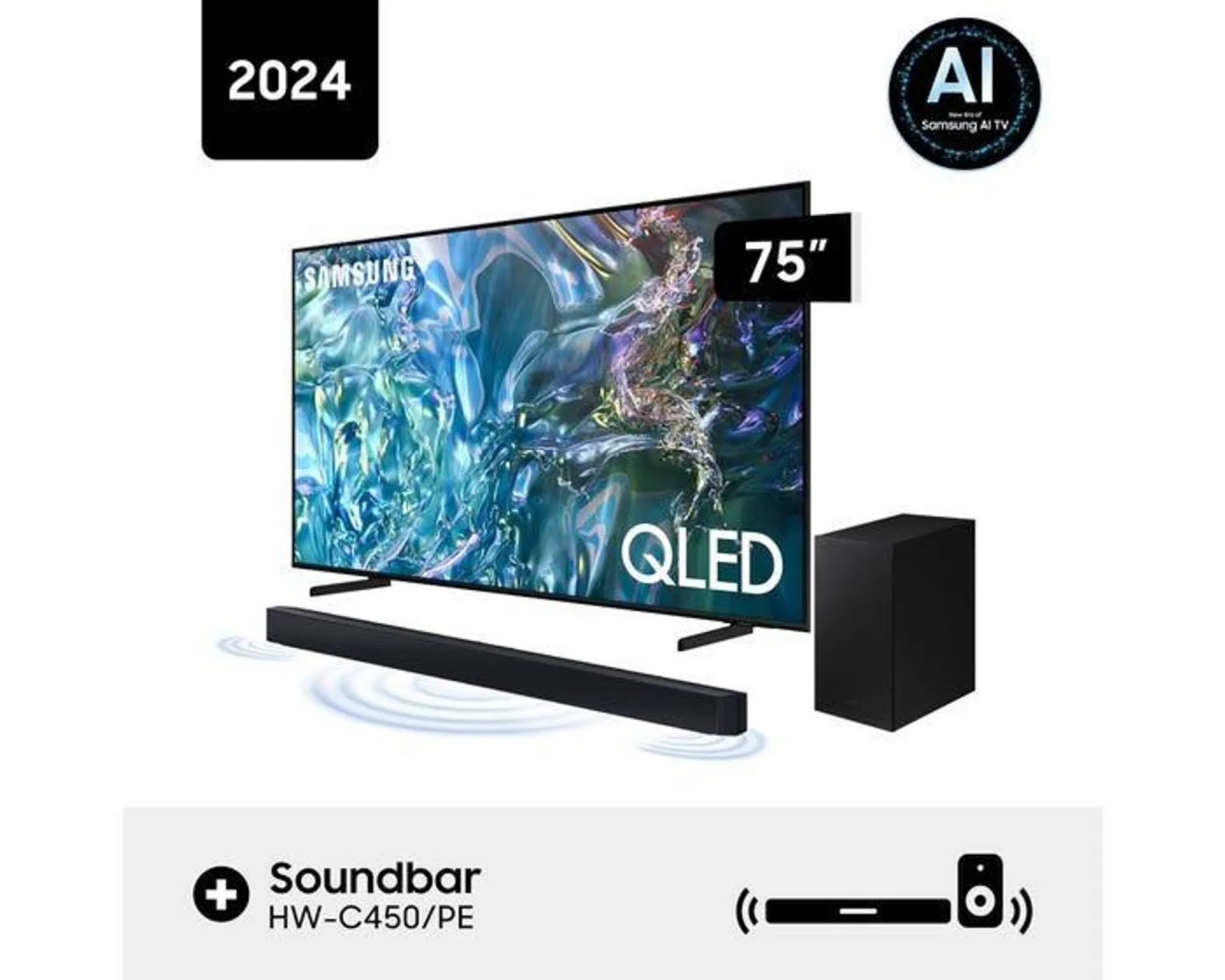 Televisor Samsung Smart TV 75" 4K QLED QN75Q60DAGXPE + Soundbar Samsung Bluetooth 2.1 CH HW-C450/PE