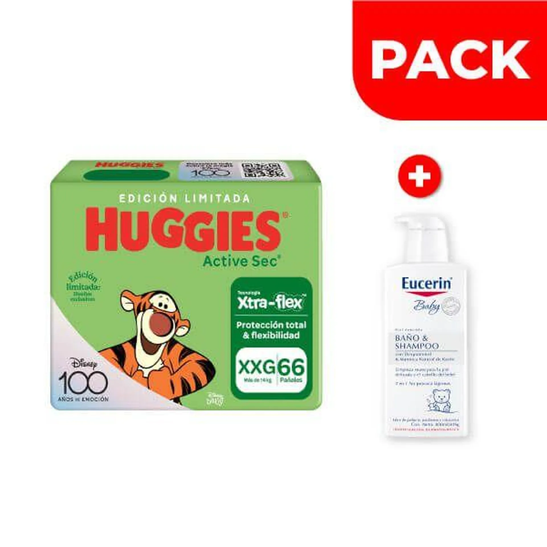 PackHuggies Active Sec Xtra-Flex Talla XXG 66 UN +Eucerin Baby Baño & Shampoo 400 ML