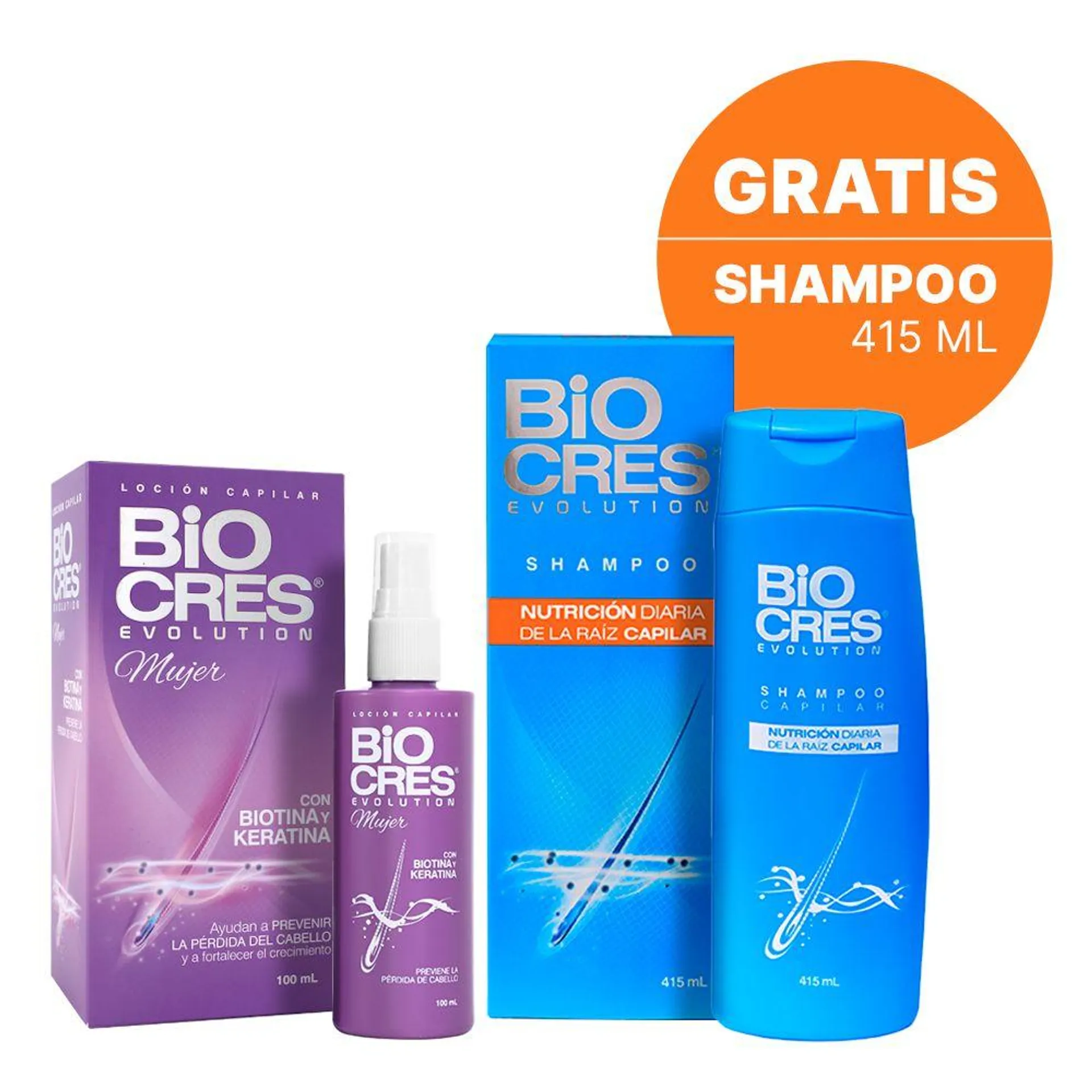 Biocres Evolutión Loción Capilar Mujer 100 mL + Shampoo 415 Ml - Pack 2 UN