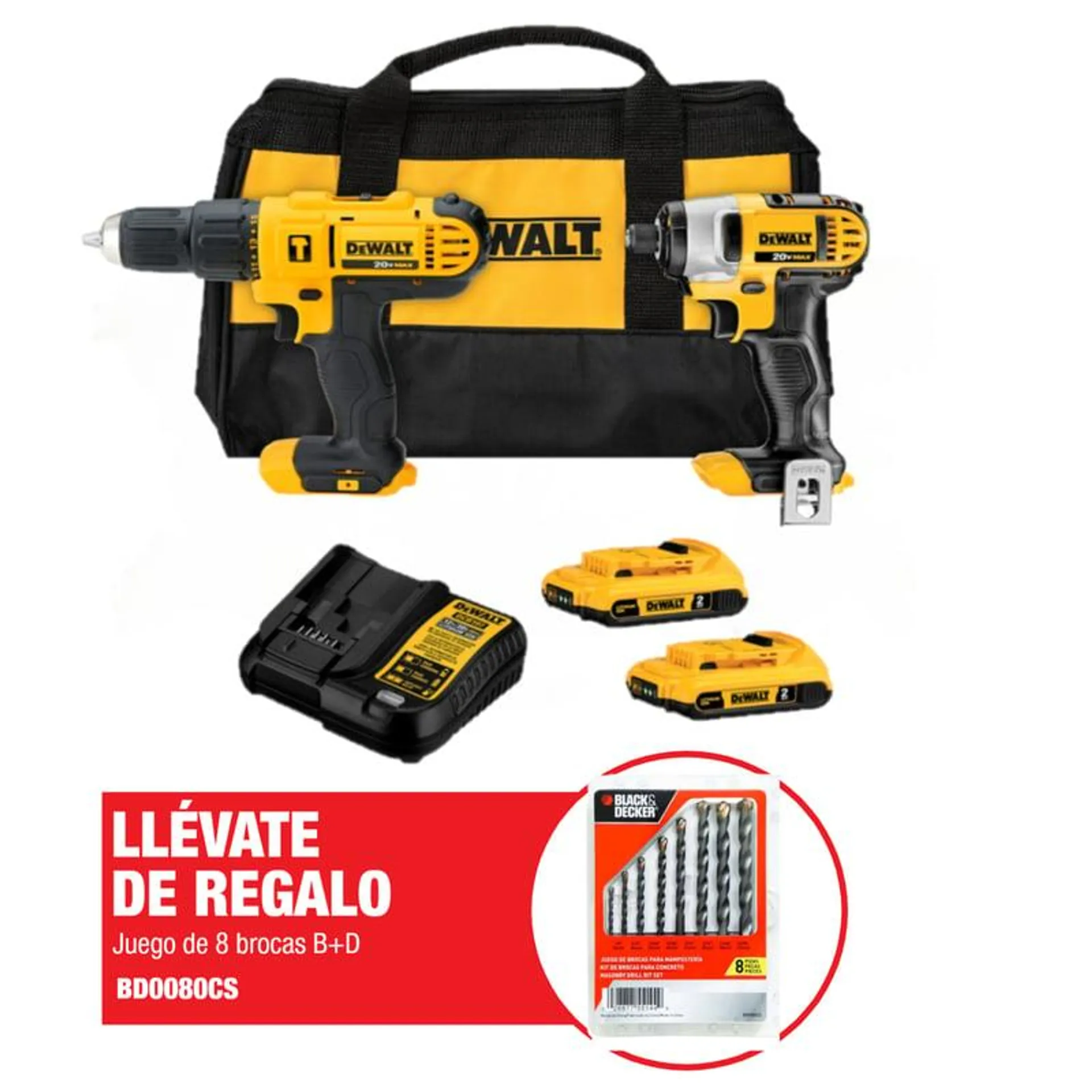 Taladro Percutor 1/2" 20V + Atornillador Impacto 1/4" 20V DCK222D2 Dewalt + Set de Brocas BD0080CS