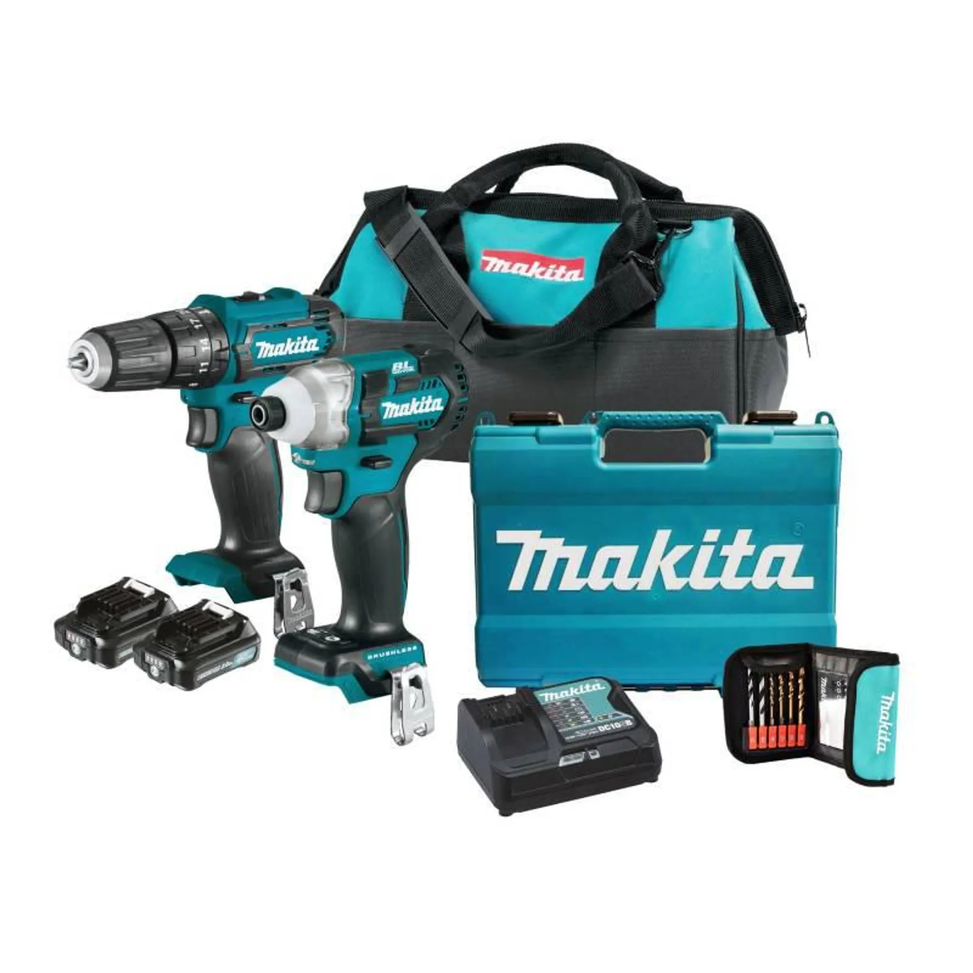 Taladro Percutor 3/8" 12V + Atornillador de Impacto 1/4" 12V BL-CXT + 2 Baterías 2Ah + Cargador + Set 17 Piezas + Maletín Makita