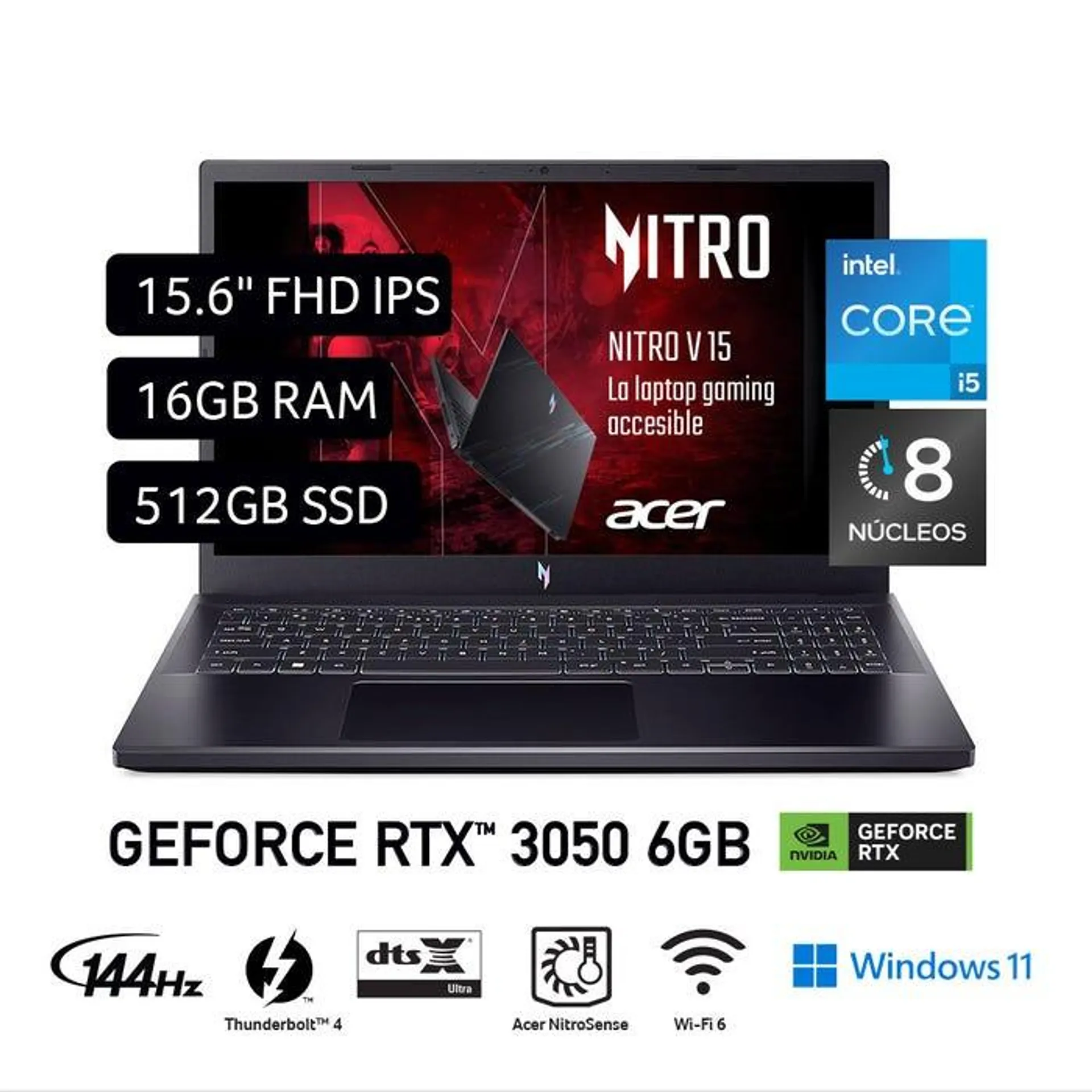 Laptop Acer Nitro V 15 15,6" Windows 11 Intel Core I5 13a Gen 8 Núcleos 16GB 512GB SSD NVIDIA RTX3050 6GB