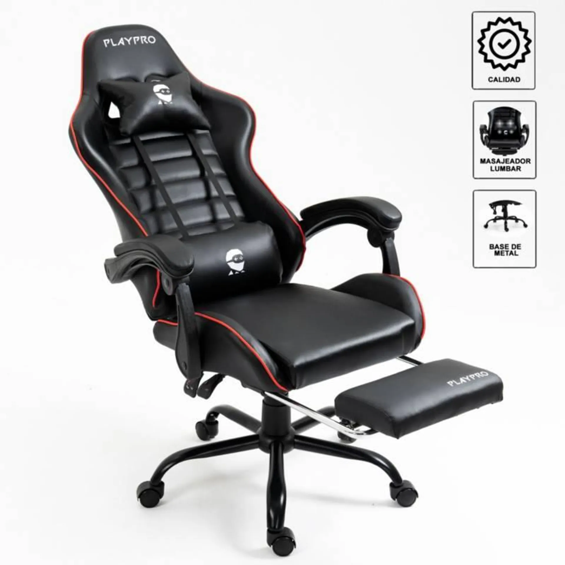 Silla Gamer con Masajeador Lumbar Playpro X1 Rojo Base de Metal