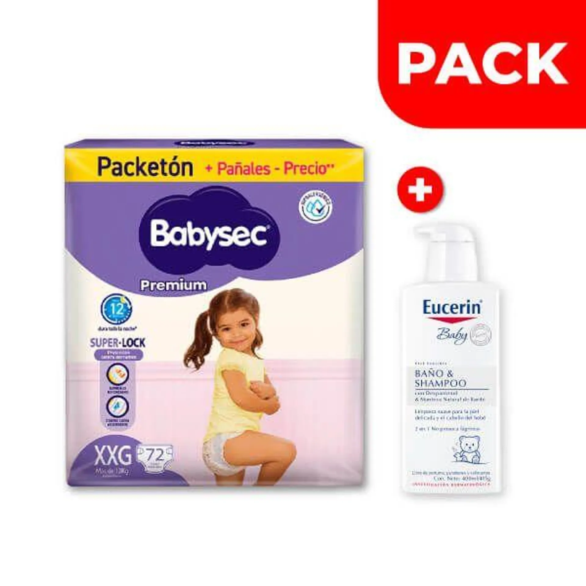 Pack Babysec Premium Súper Mega Talla XXG 72 UN + Eucerin Baby Baño & Shampoo 400 ML