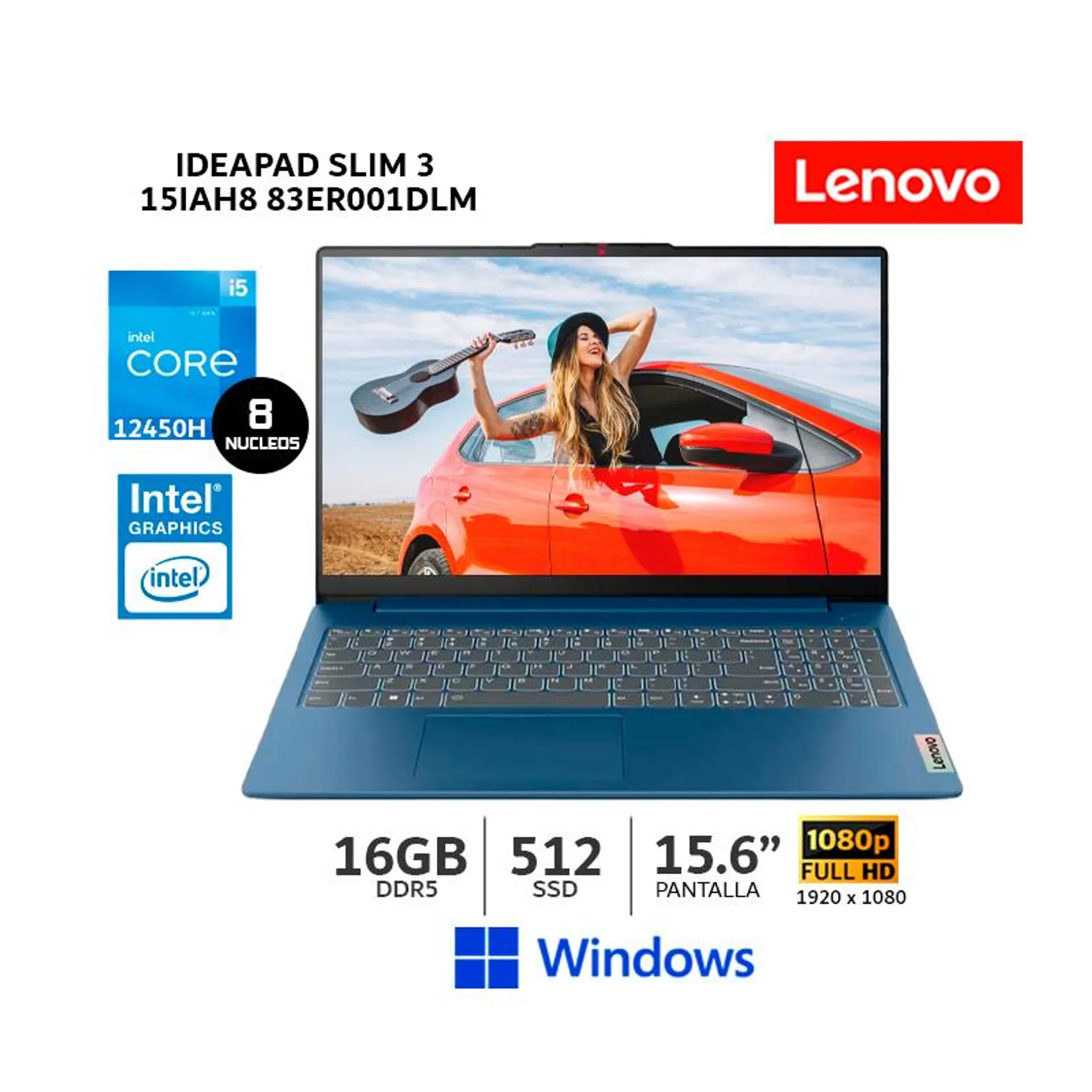 Laptop Lenovo IdeaPad Slim 3 Intel Core i5 12°Gen16GB RAM 512GB SSD 156” FHD Wind 83ER001DLM