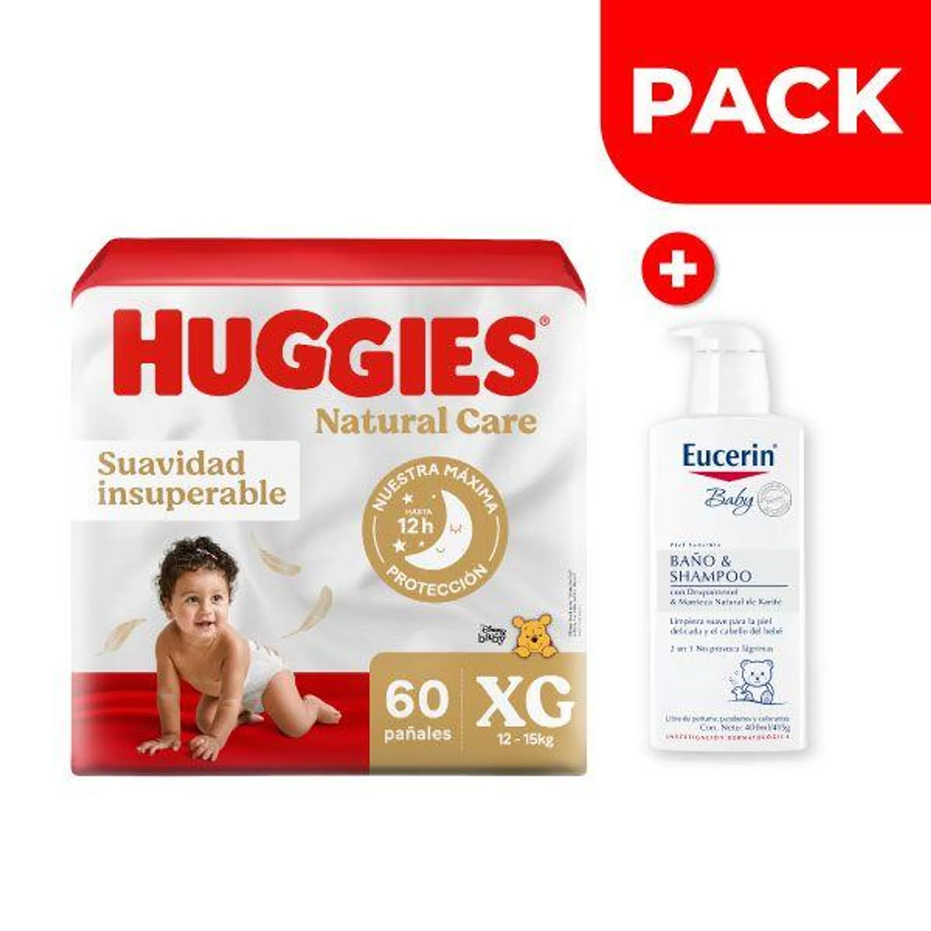 Pañales Huggies Natural Care Bigpack Talla XG 60 UN + Eucerin Baby Baño & Shampoo 400 ML