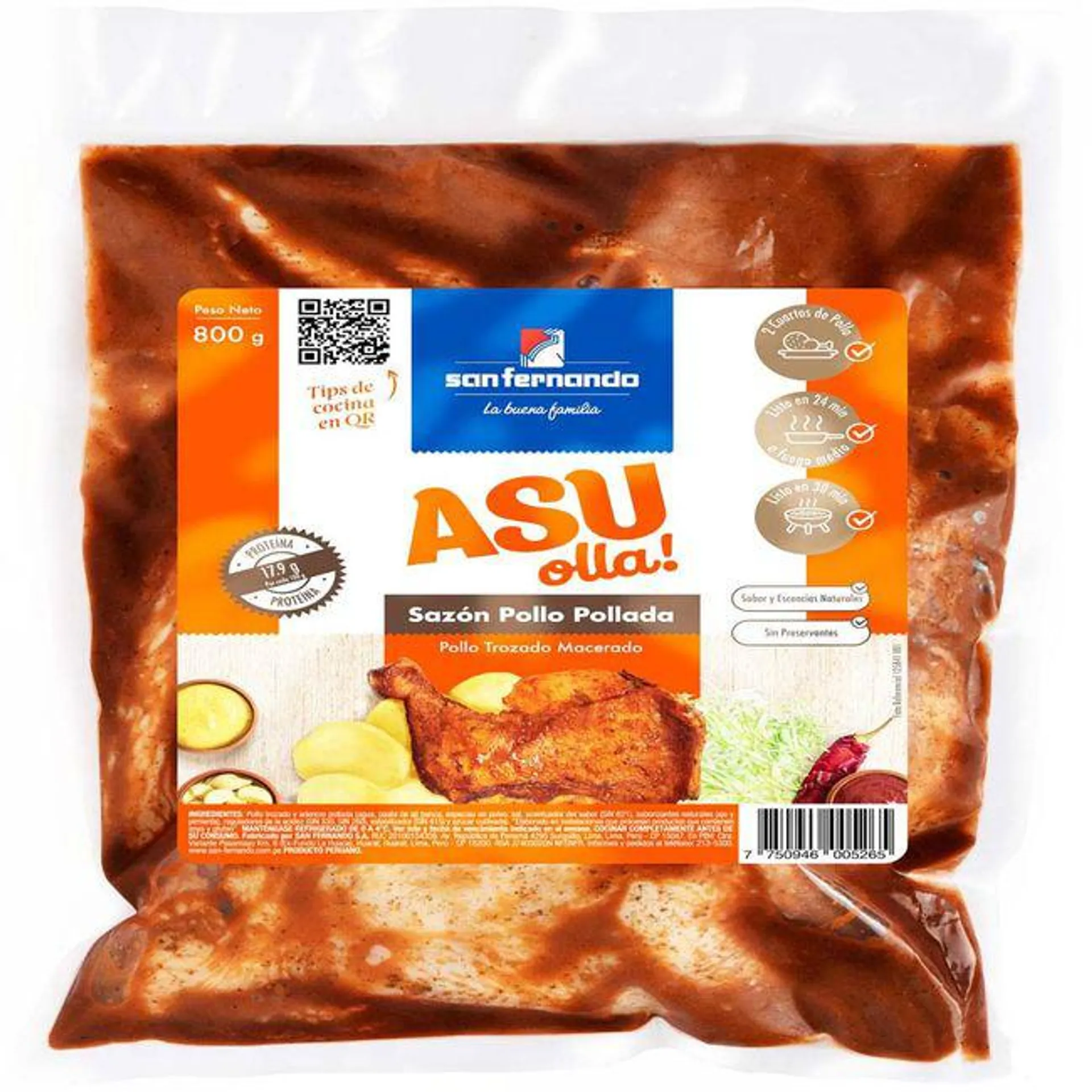 Pollo Trozado Macerado SAN FERNANDO Asu Olla! Sazón Pollo Pollada Bolsa 800g