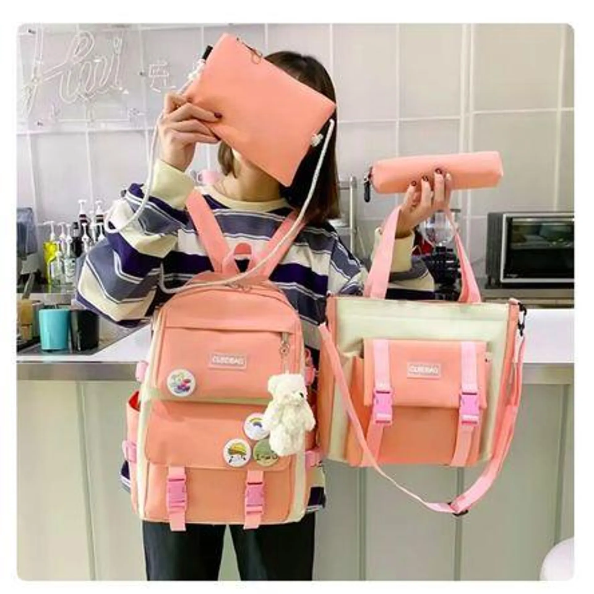 Pack Mochila Bolso Monedero Cartuchera 4 en 1 Kawaii Rosado