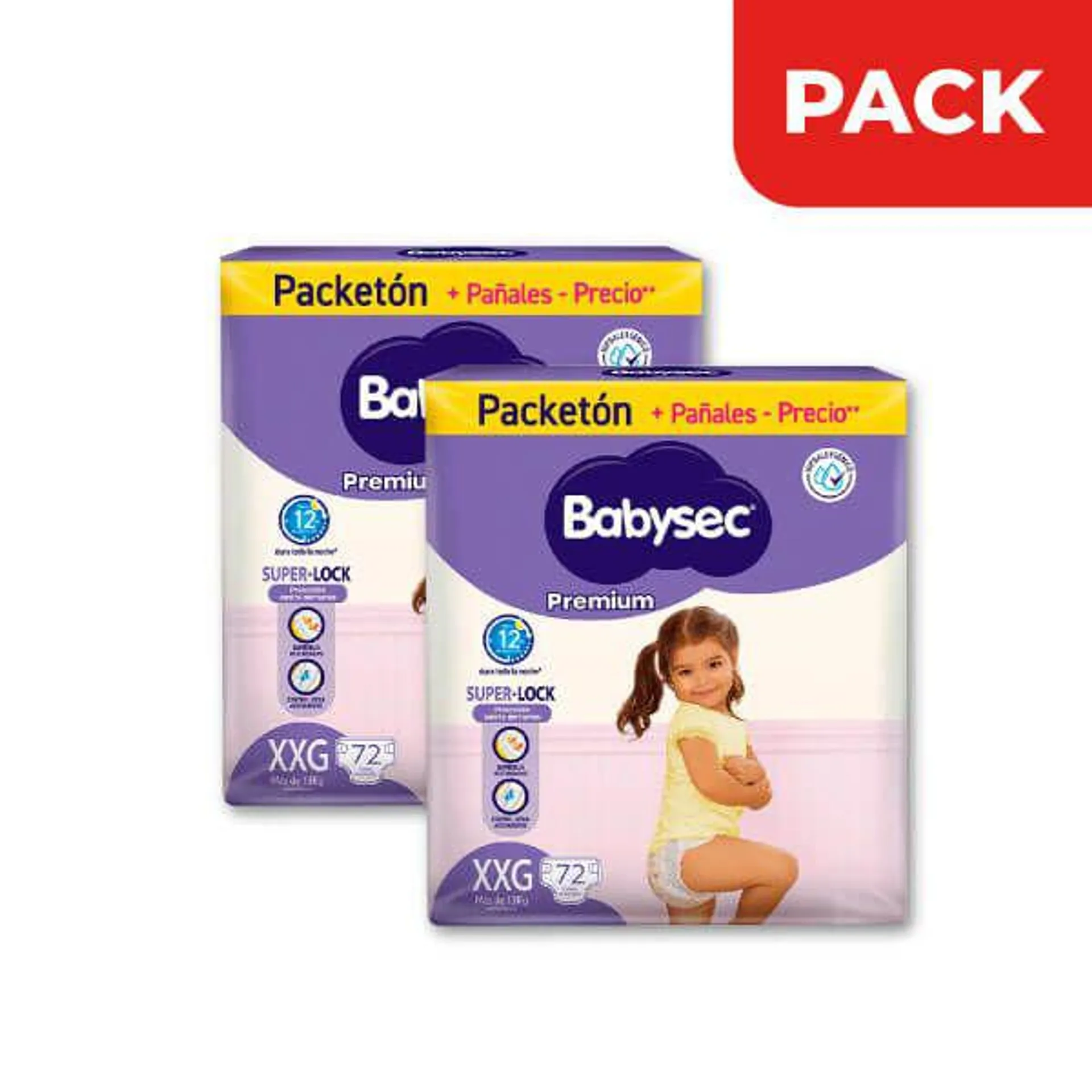 Pack x2 Pañal Babysec Premium Súper Mega Talla XXG - Bolsa 72 UN