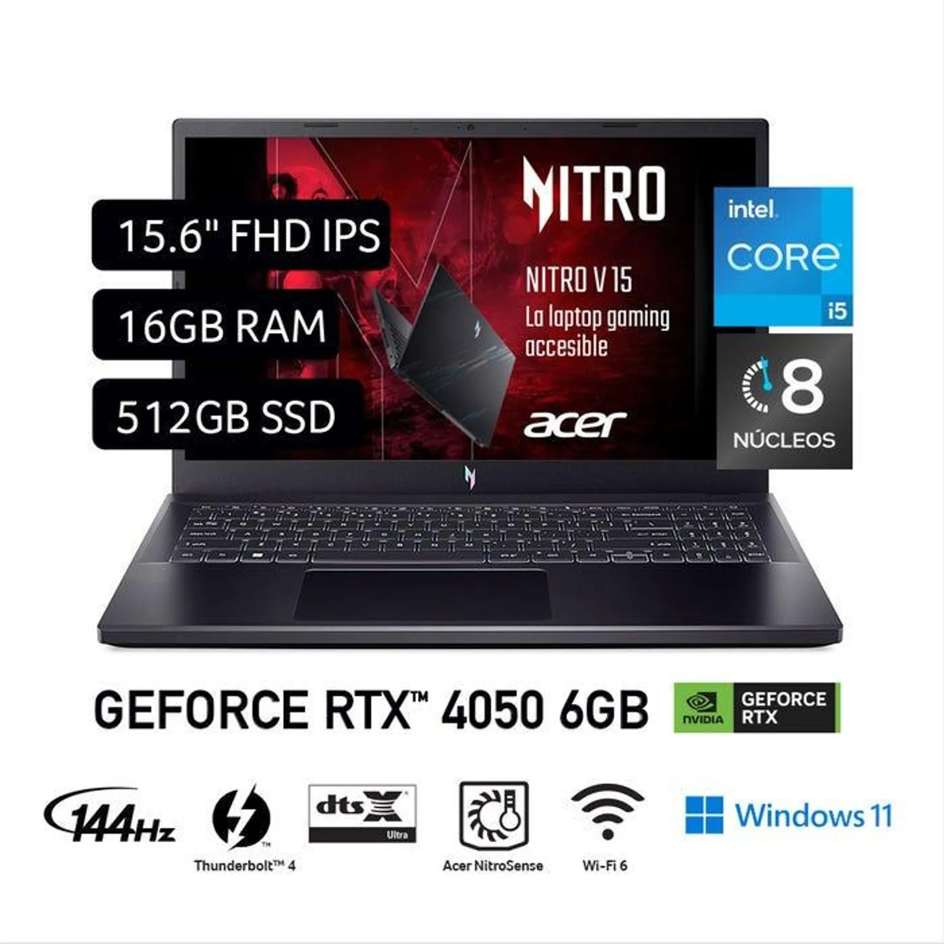 Laptop Acer Nitro V 15 15.6" Windows 11 Intel Core I5 13a Gen 8 Núcleos 16GB 512GB SSD NVIDIA RTX4050 6GB