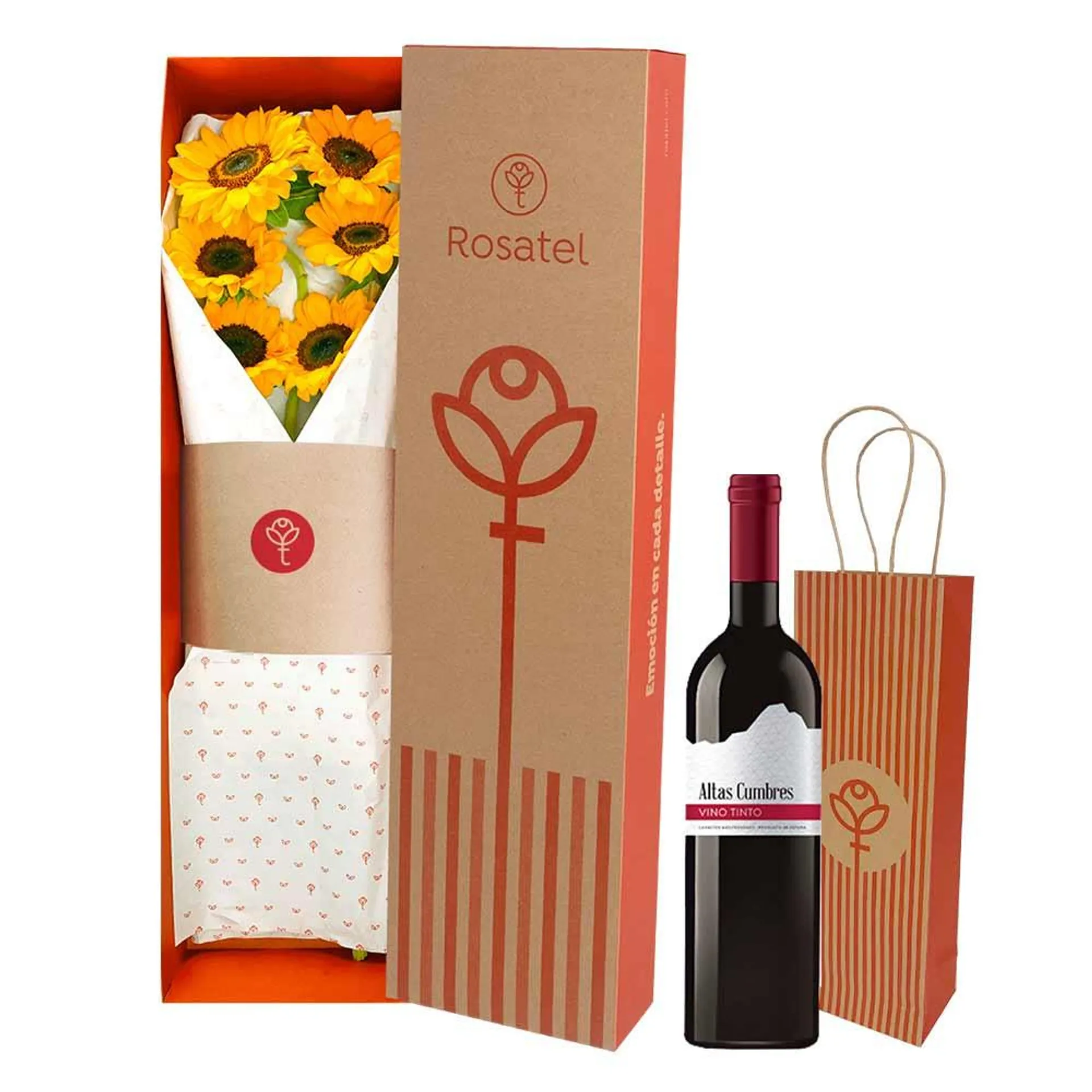 Caja Natural con 6 Girasoles y Vino Altas Cumbres