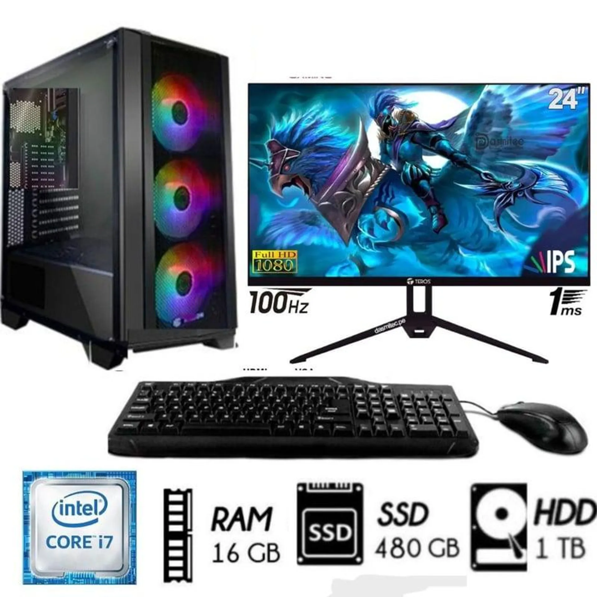 Computadora PC Intel Core i7 3.4 Ghz Ram16GB DISCO 1TB +SSD 480GB Monitor 24 FHD