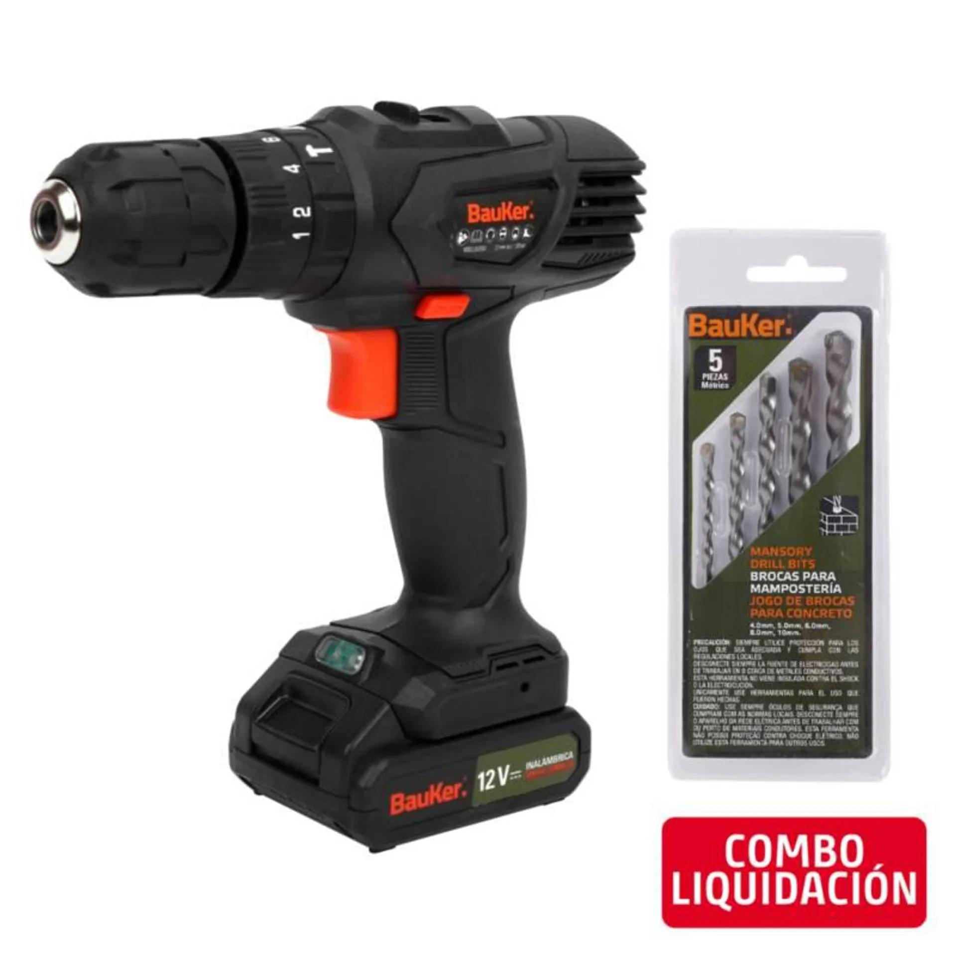 Combo Taladro Percutor Inalámbrico 10mm 12V + Batería 1,3Ah + Cargador Bauker + Set de Brocas para Concreto 5 Piezas Bauker