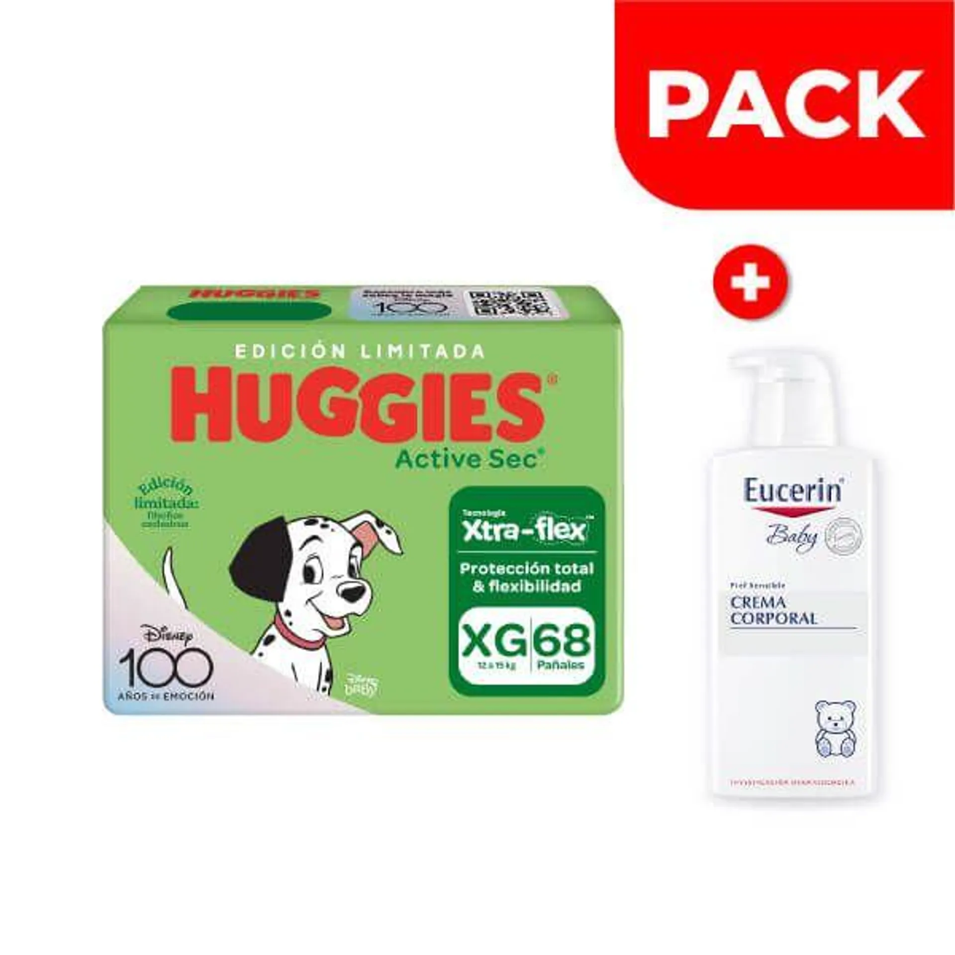 Pack Huggies Active Sec Xtra-Flex Talla XG 68 UN + Eucerin Baby Crema Corporal 400 ML